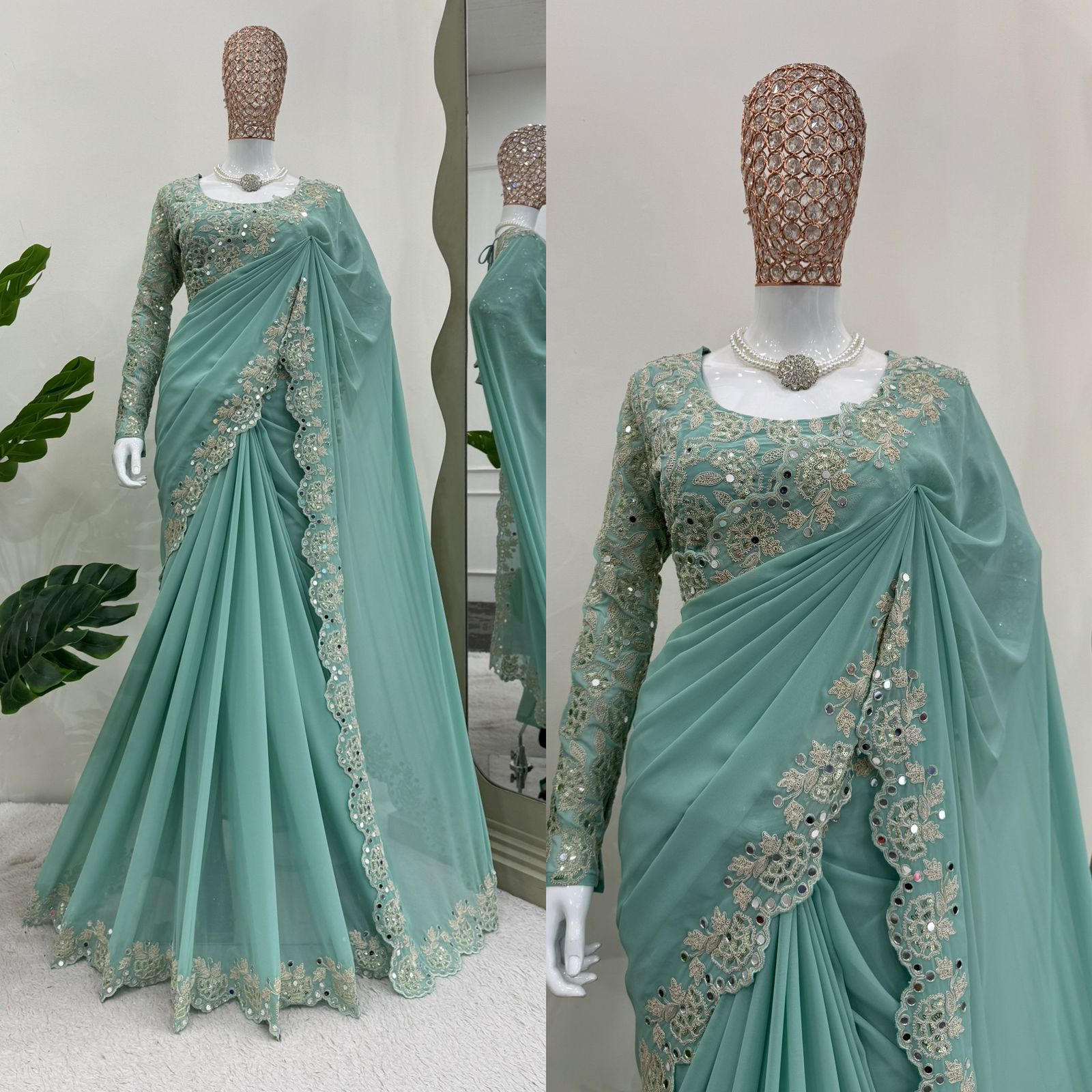 Eyes Catching Sky Blue Faux Georgette Coding And Sequence With Real Mirror Work Designer Saree