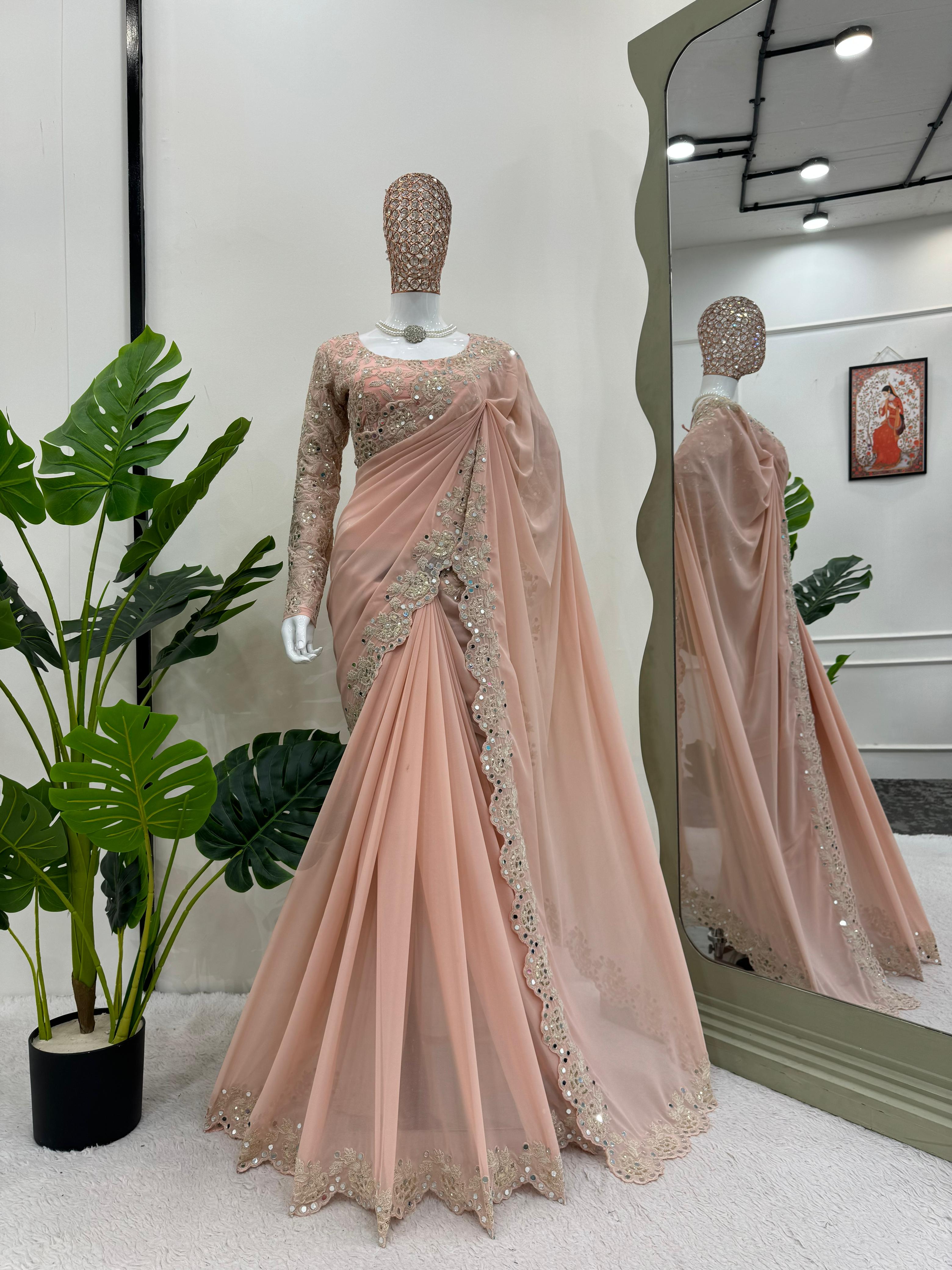 Outstanding Peach Faux Georgette Coding And Sequence With Real Mirror Work Designer Saree