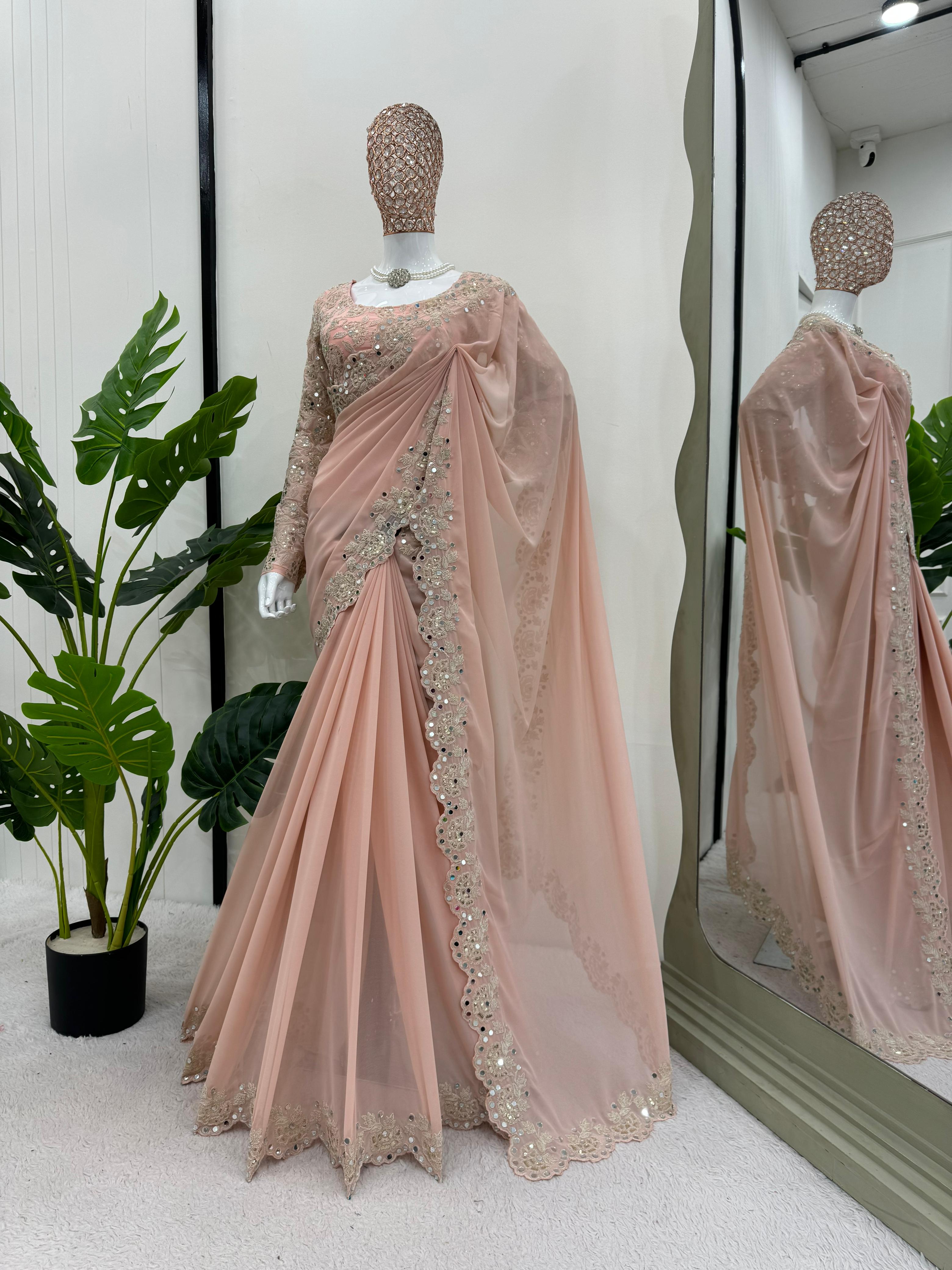 Outstanding Peach Faux Georgette Coding And Sequence With Real Mirror Work Designer Saree