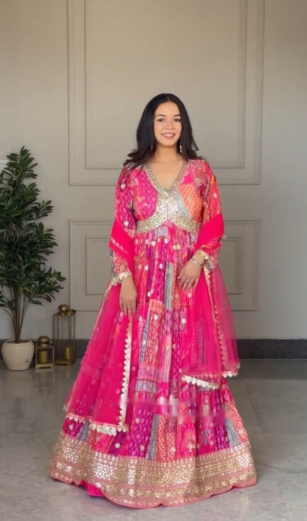 Gorgeous Pink Color Pure Chinon Silk With Digital Print With Heavy Embroidery Sequence Work Designer Gown