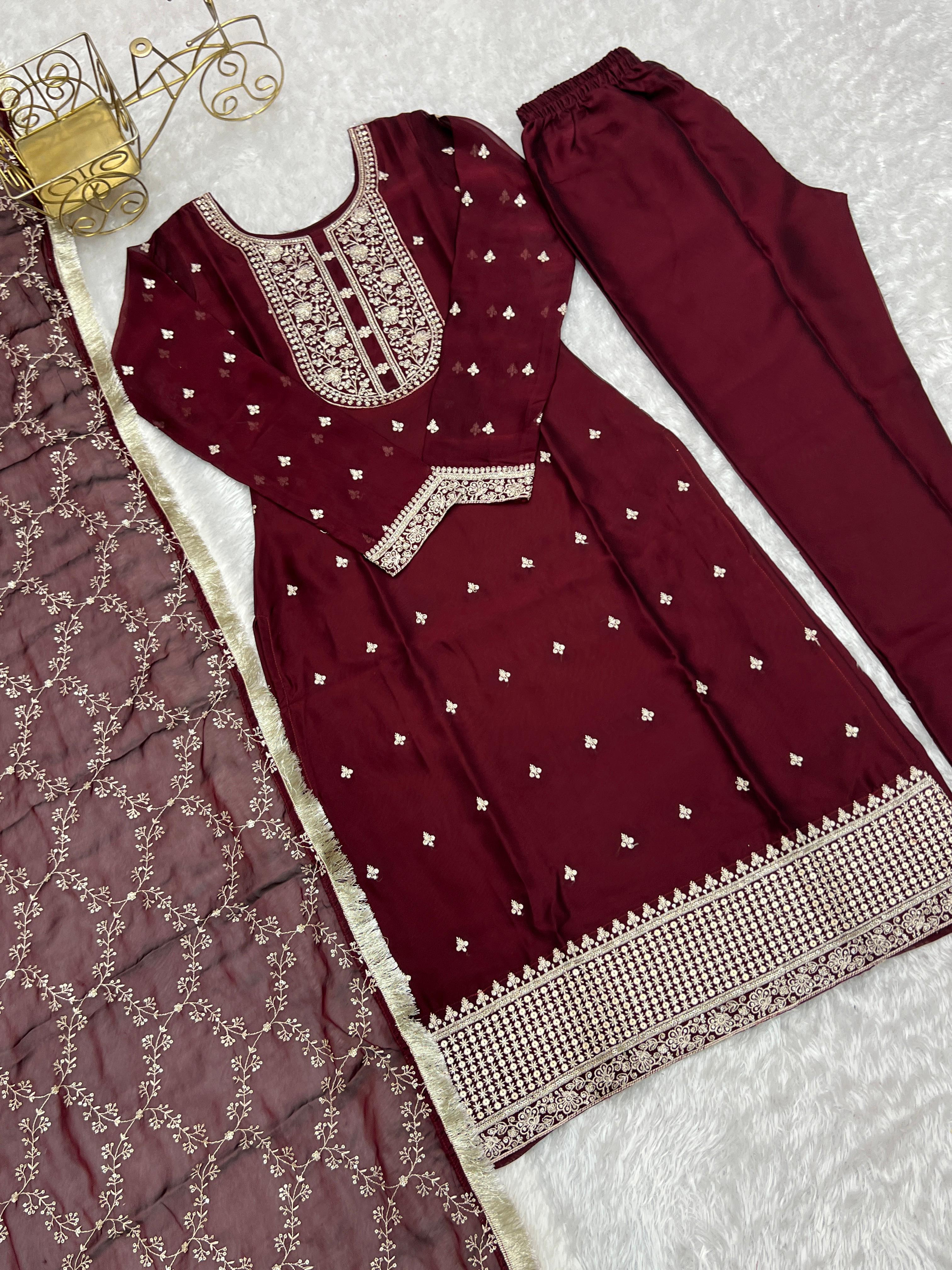 Wedding Wear Brown Color Pure Blooming Rangoli Silk Fabric With Beautiful Embroidery Sequence And Thread Work Salwar Suit