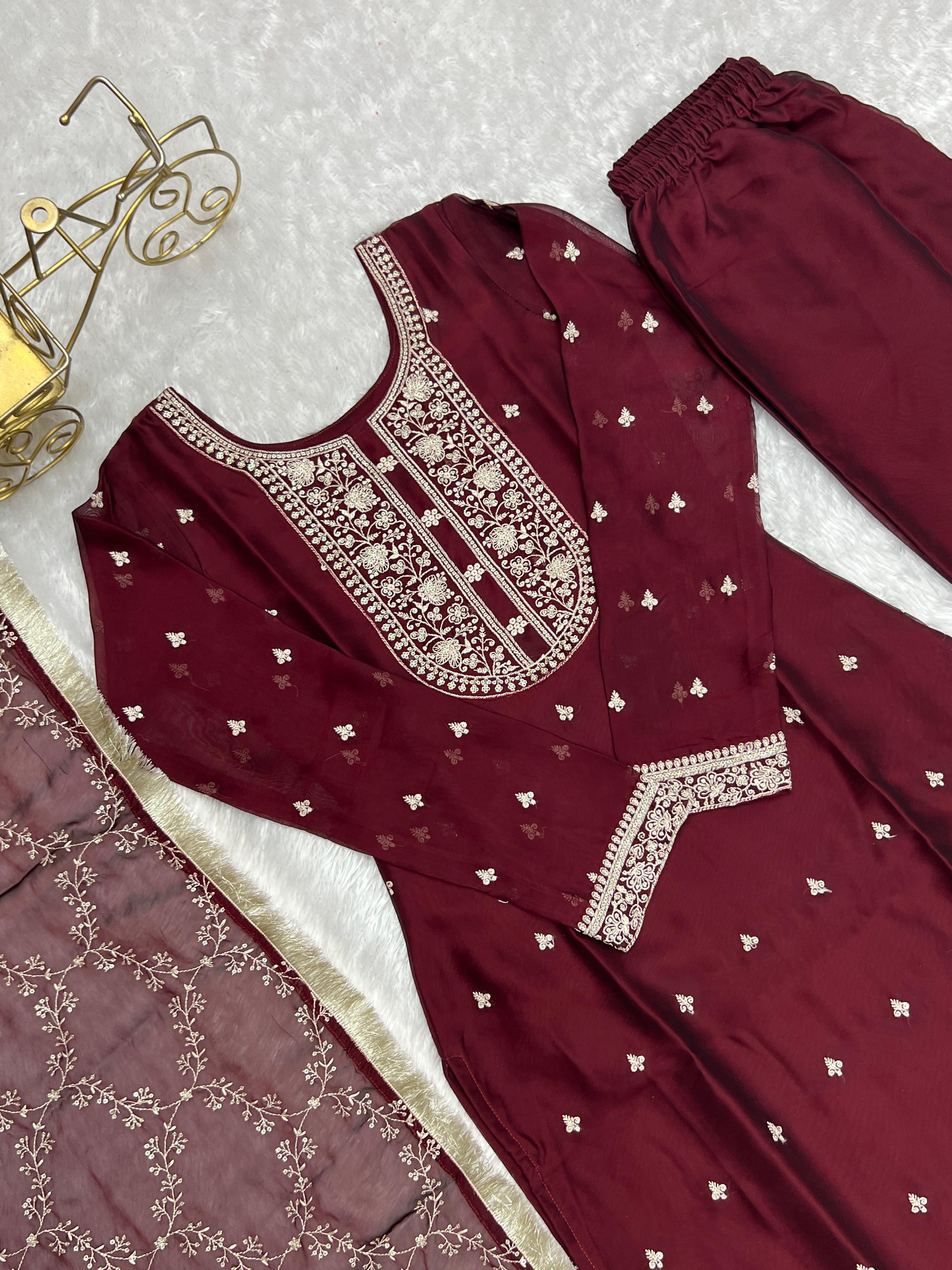 Wedding Wear Brown Color Pure Blooming Rangoli Silk Fabric With Beautiful Embroidery Sequence And Thread Work Salwar Suit