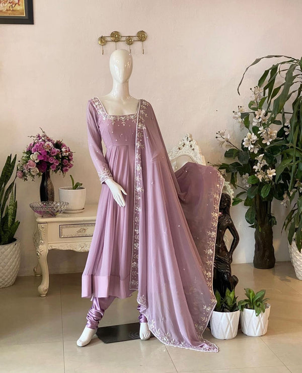 Graceful Lavender Color Pure Fox Georgette With Heavy Embroidery 5mm Sequence Work Anarkali Suit