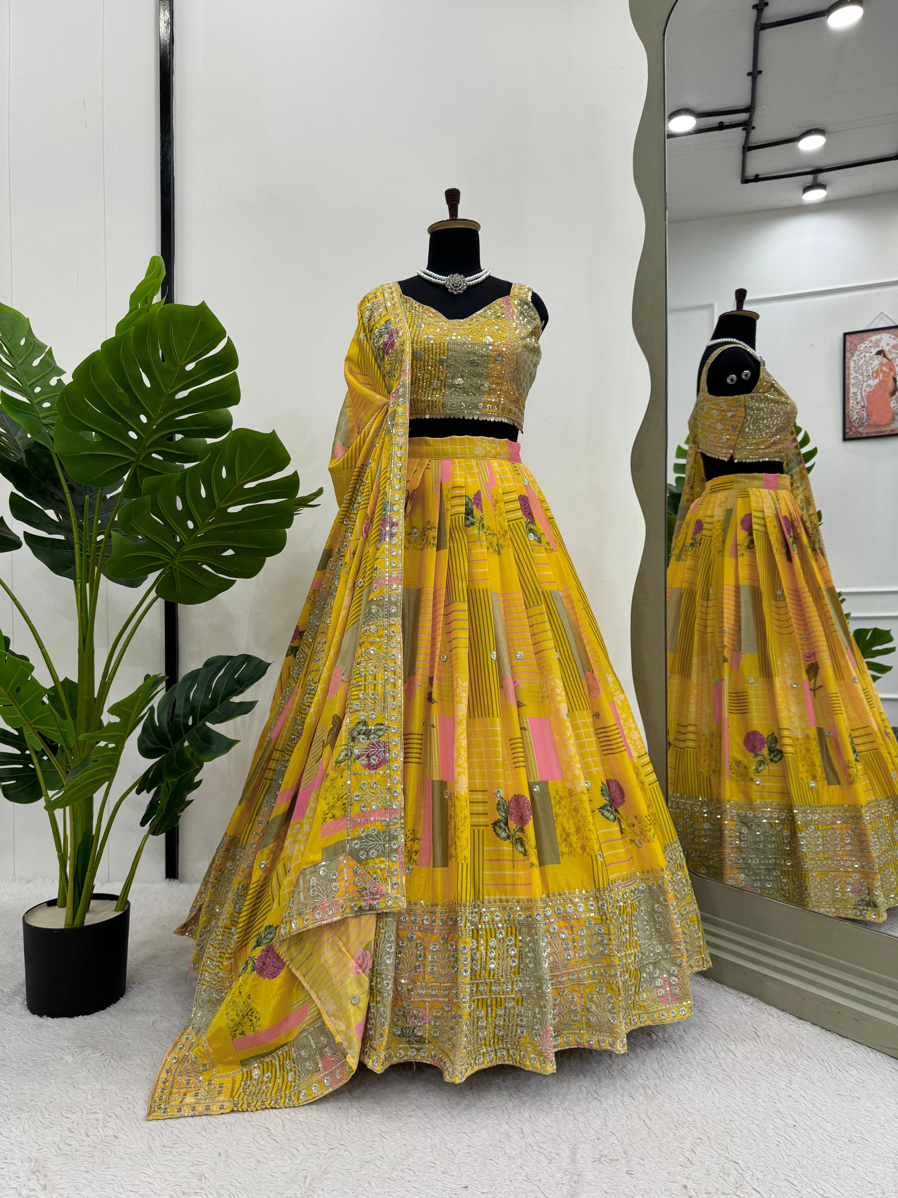 Special Haldi Wear Yellow Color Chinon Silk Thread With Sequence Designer Lehenga Choli