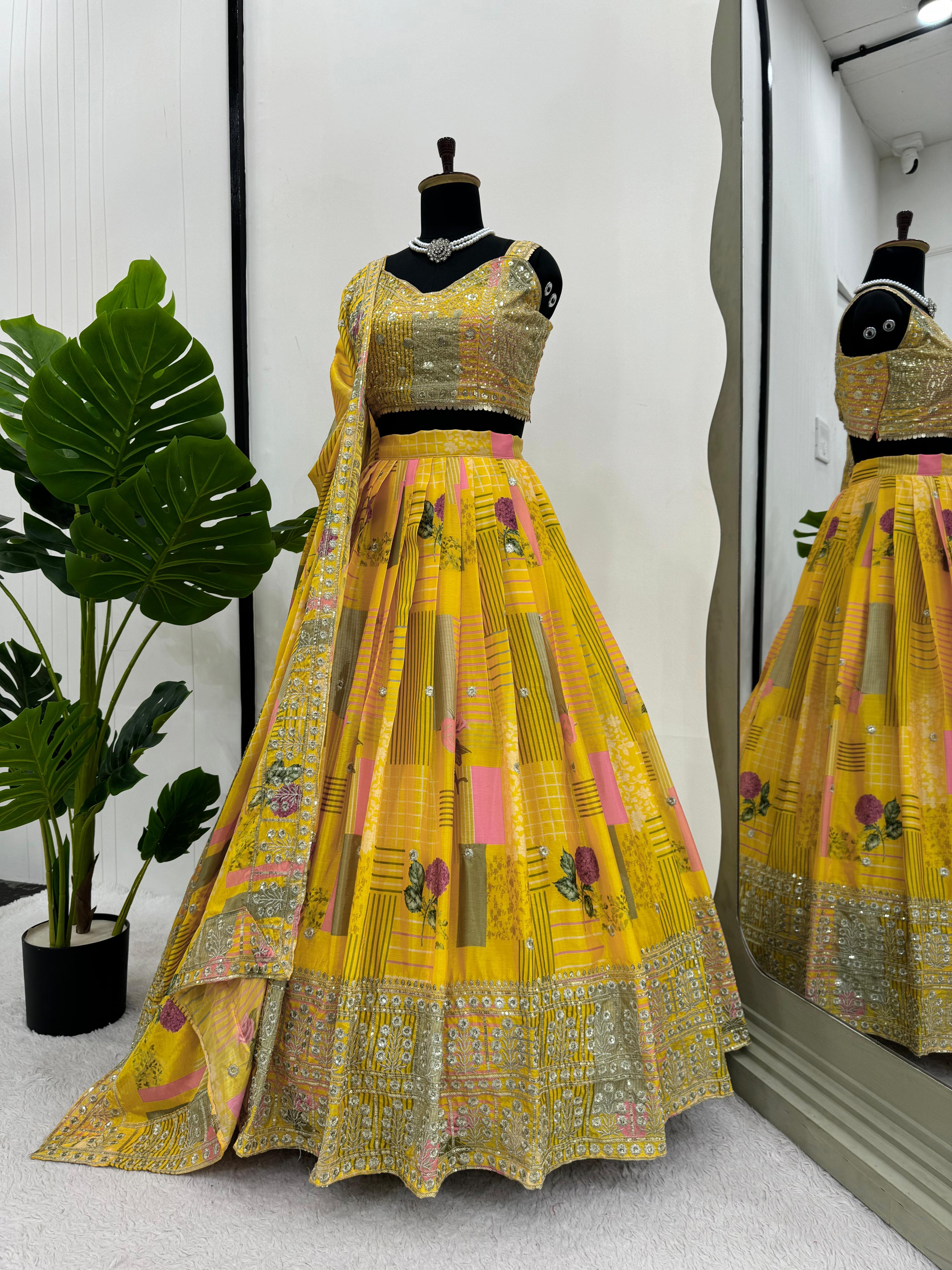 Special Haldi Wear Yellow Color Chinon Silk Thread With Sequence Designer Lehenga Choli