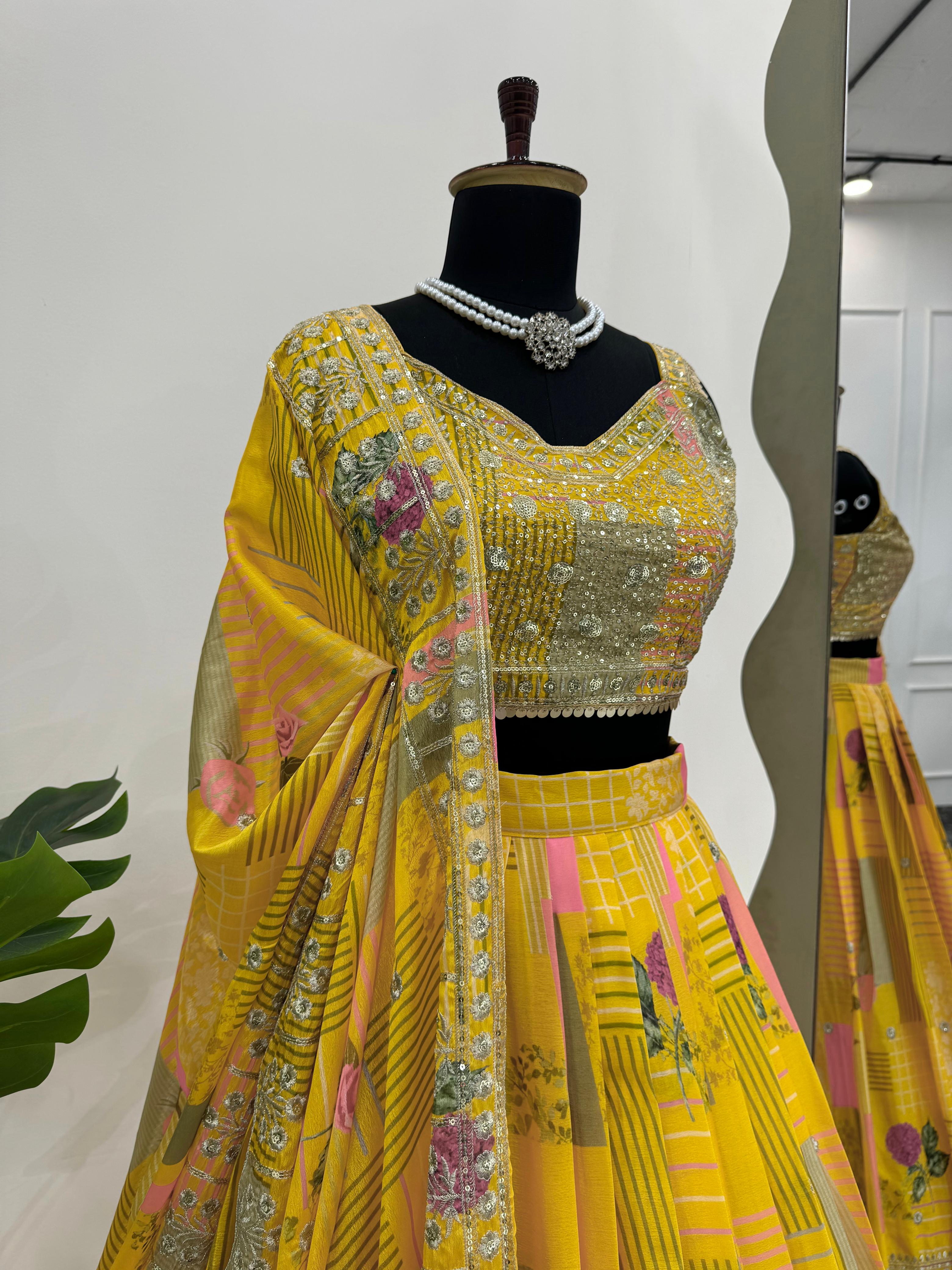 Special Haldi Wear Yellow Color Chinon Silk Thread With Sequence Designer Lehenga Choli