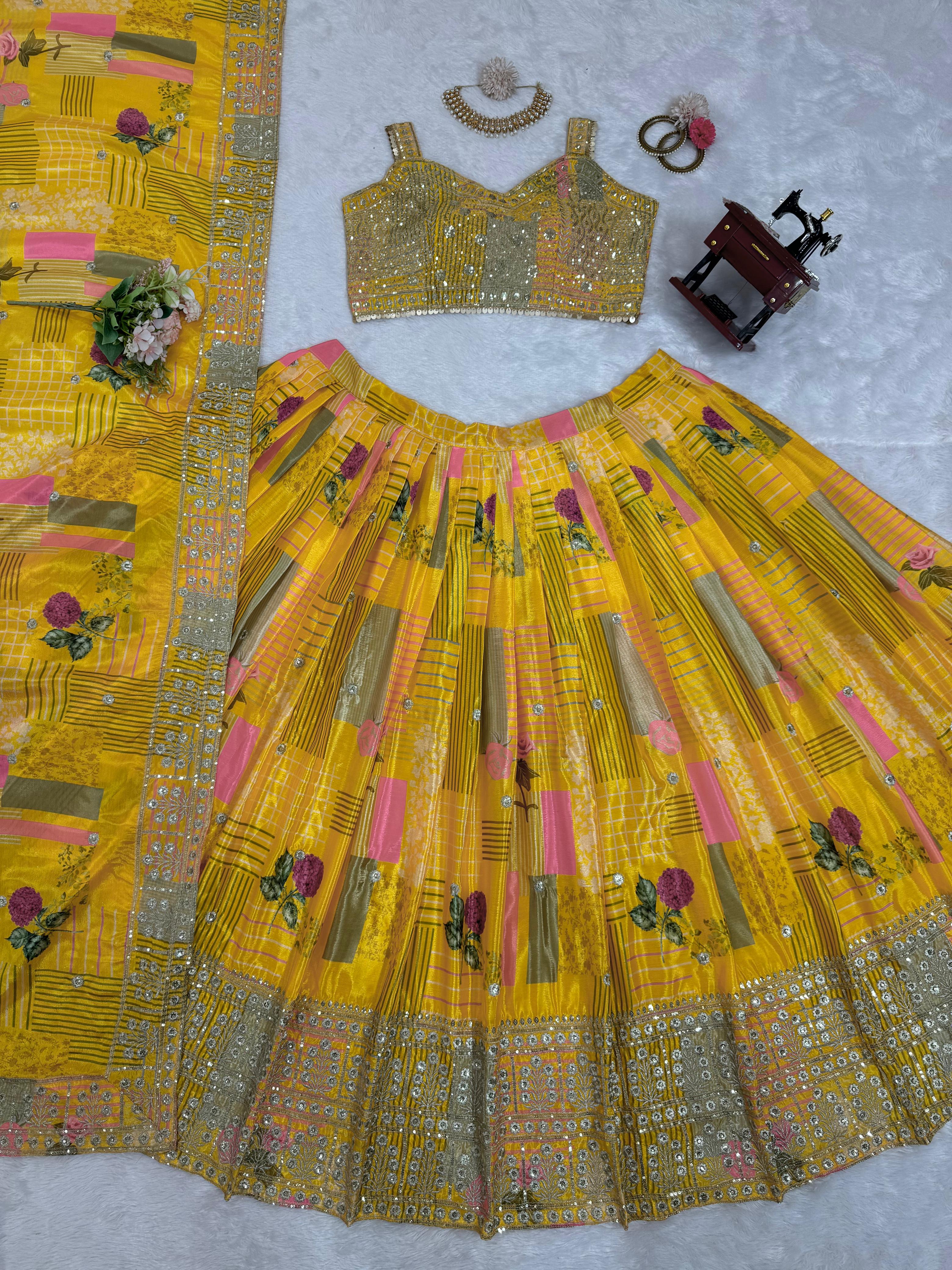 Special Haldi Wear Yellow Color Chinon Silk Thread With Sequence Designer Lehenga Choli