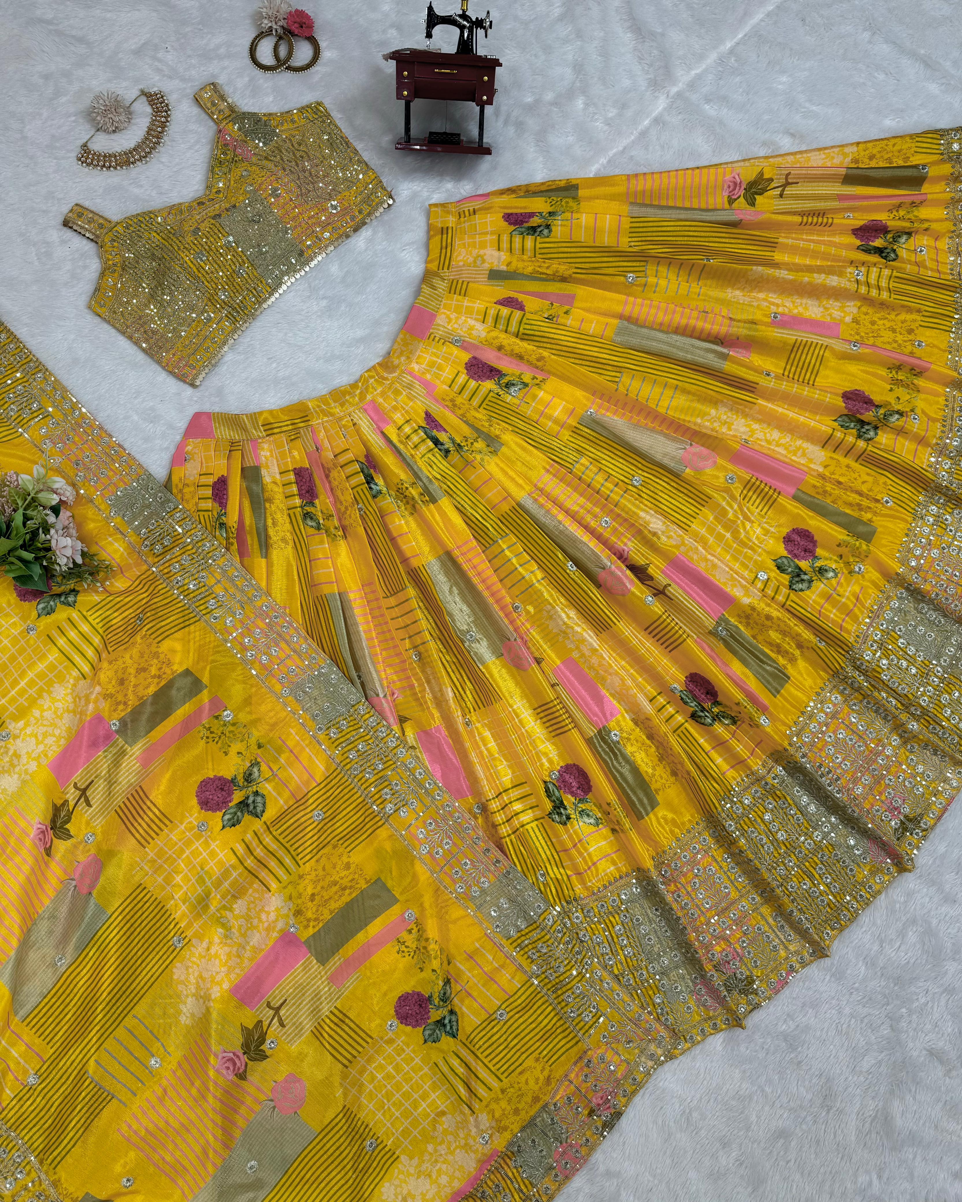 Special Haldi Wear Yellow Color Chinon Silk Thread With Sequence Designer Lehenga Choli