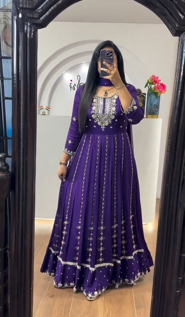 Ceremony Wear Purple Color Embroidery Sequence Work Designer Gown