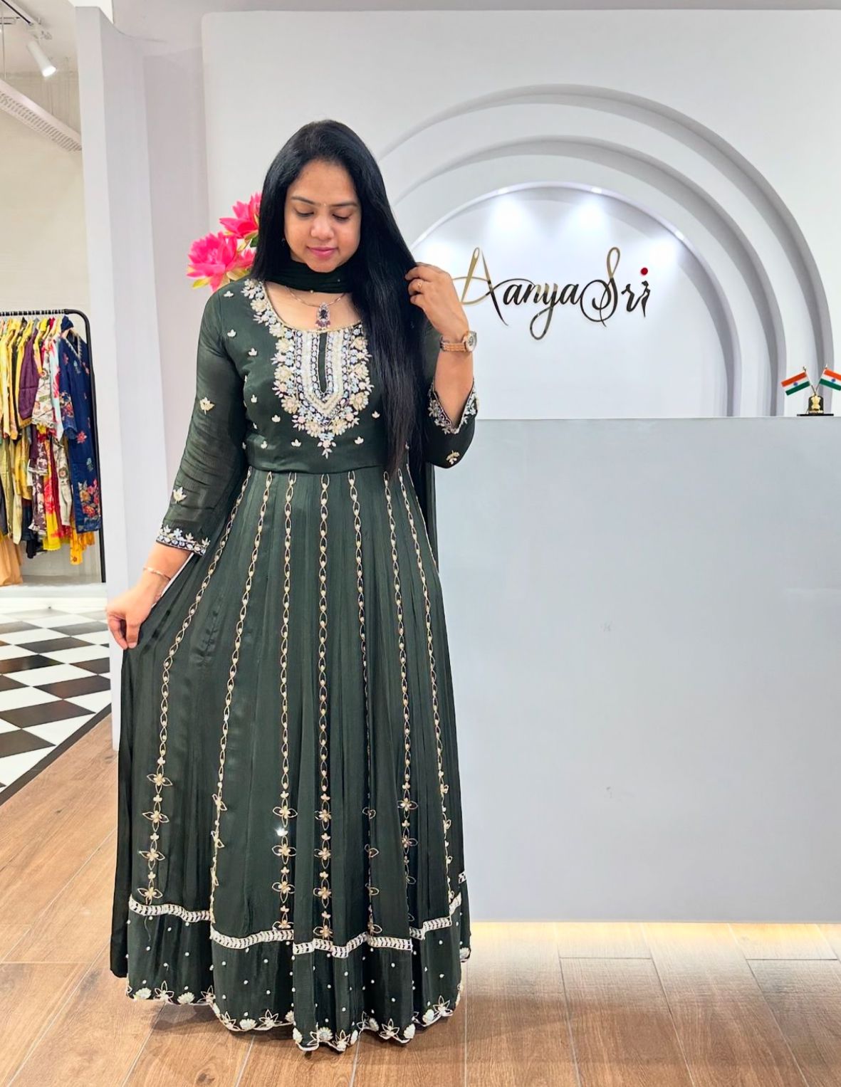 Ceremony Wear Mahendi Green Color Embroidery Sequence Work Designer Gown