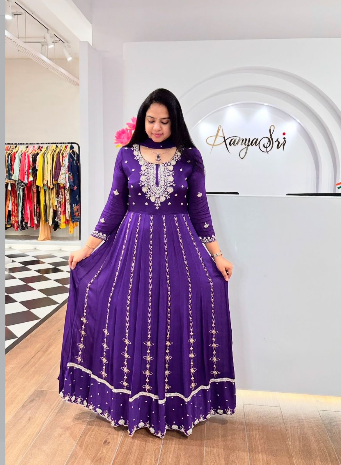 Ceremony Wear Purple Color Embroidery Sequence Work Designer Gown