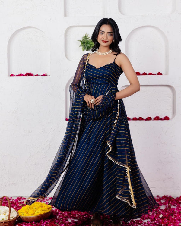 Function Wear Navy Blue Color Digital Printed Georgette With Huge Flair Anarkali Suit