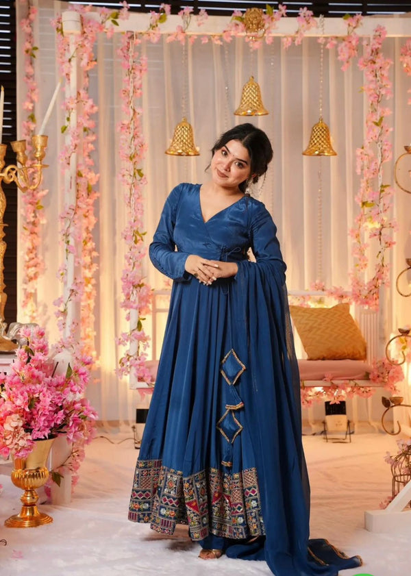 Fantastic Blue Color Faux Georgette With Full Heavy Embroidery Sequence Work Designer Gown