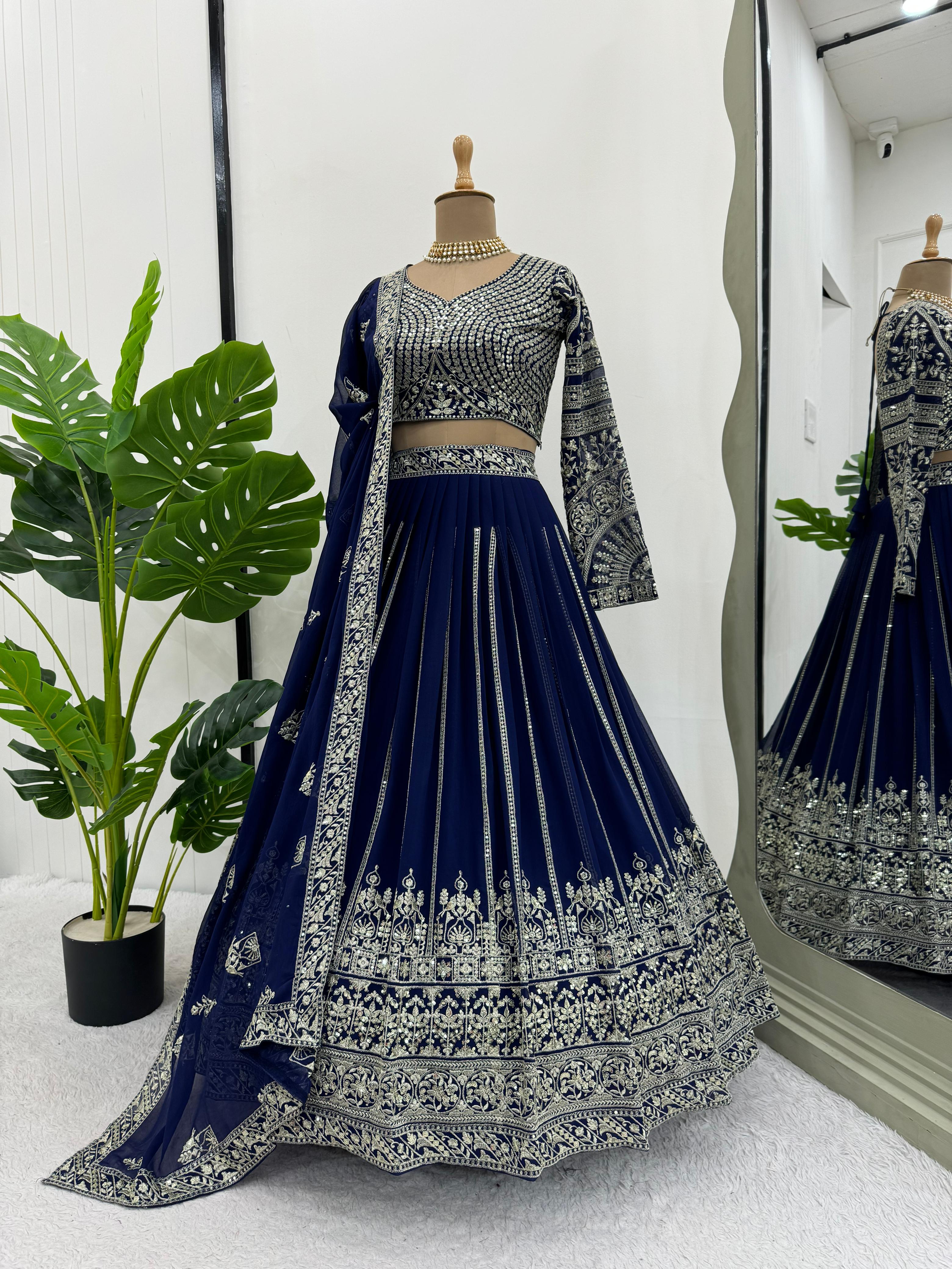 Bridal Wear Navy Blue Faux Georgette And Thread with Sequence Work Designer Lehenga Choli