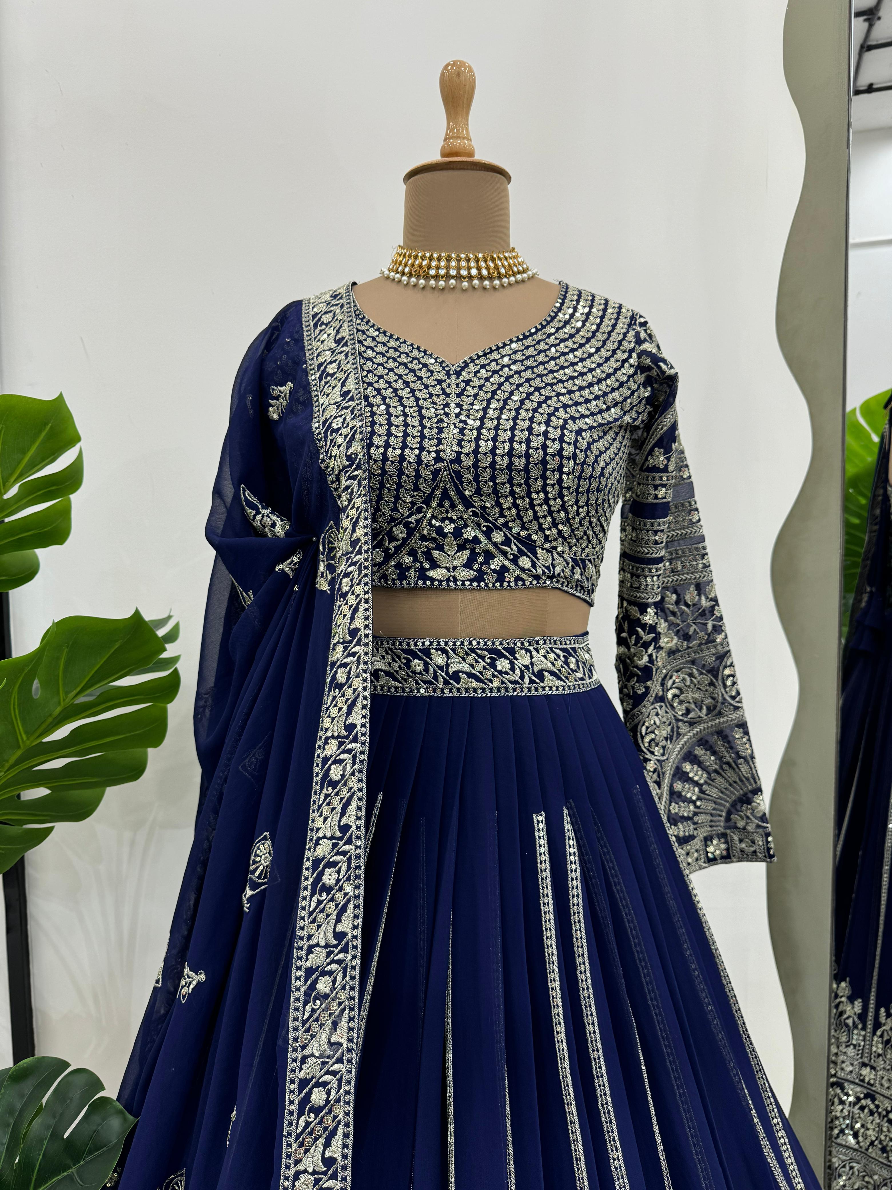 Bridal Wear Navy Blue Faux Georgette And Thread with Sequence Work Designer Lehenga Choli