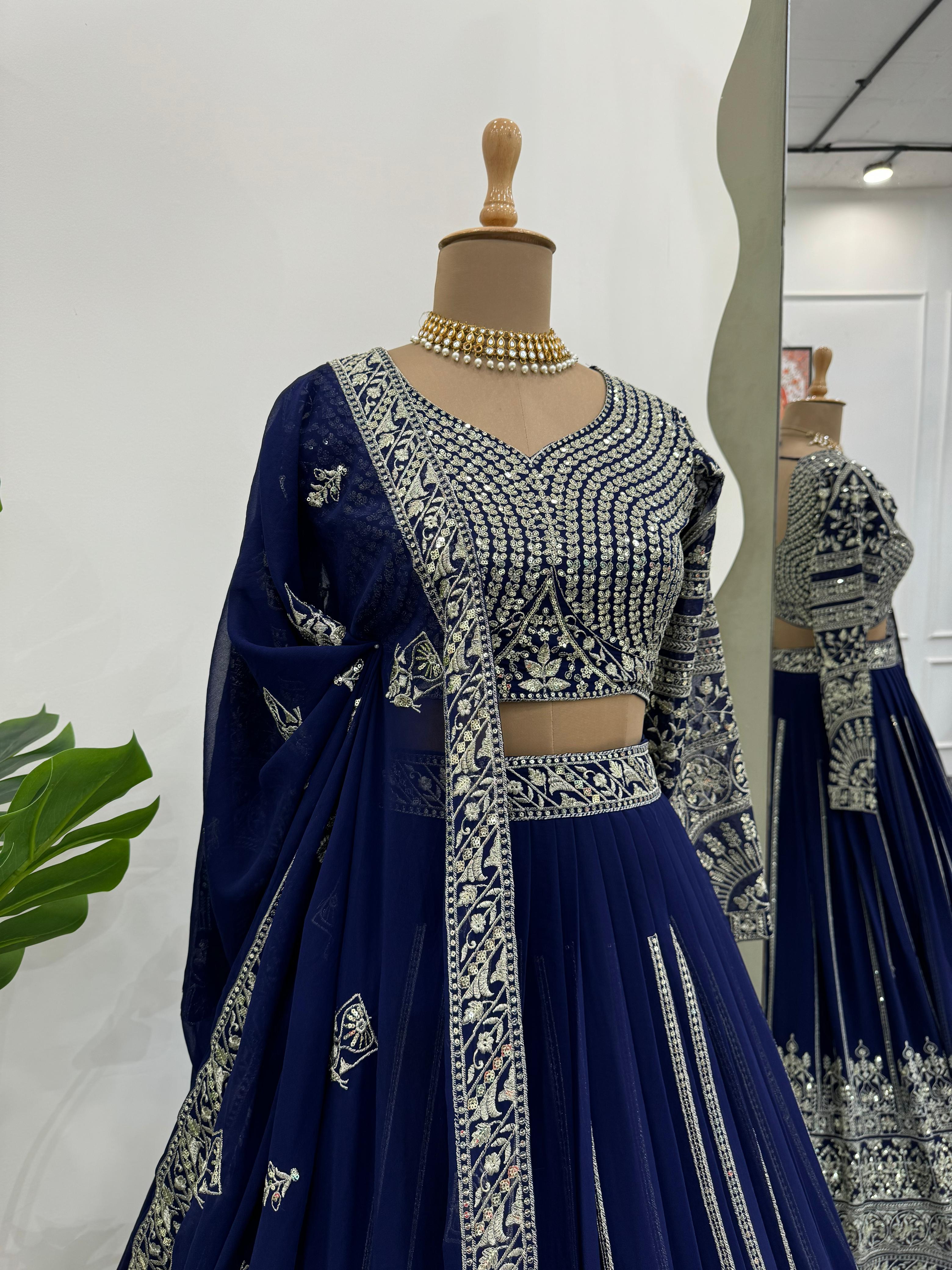 Bridal Wear Navy Blue Faux Georgette And Thread with Sequence Work Designer Lehenga Choli