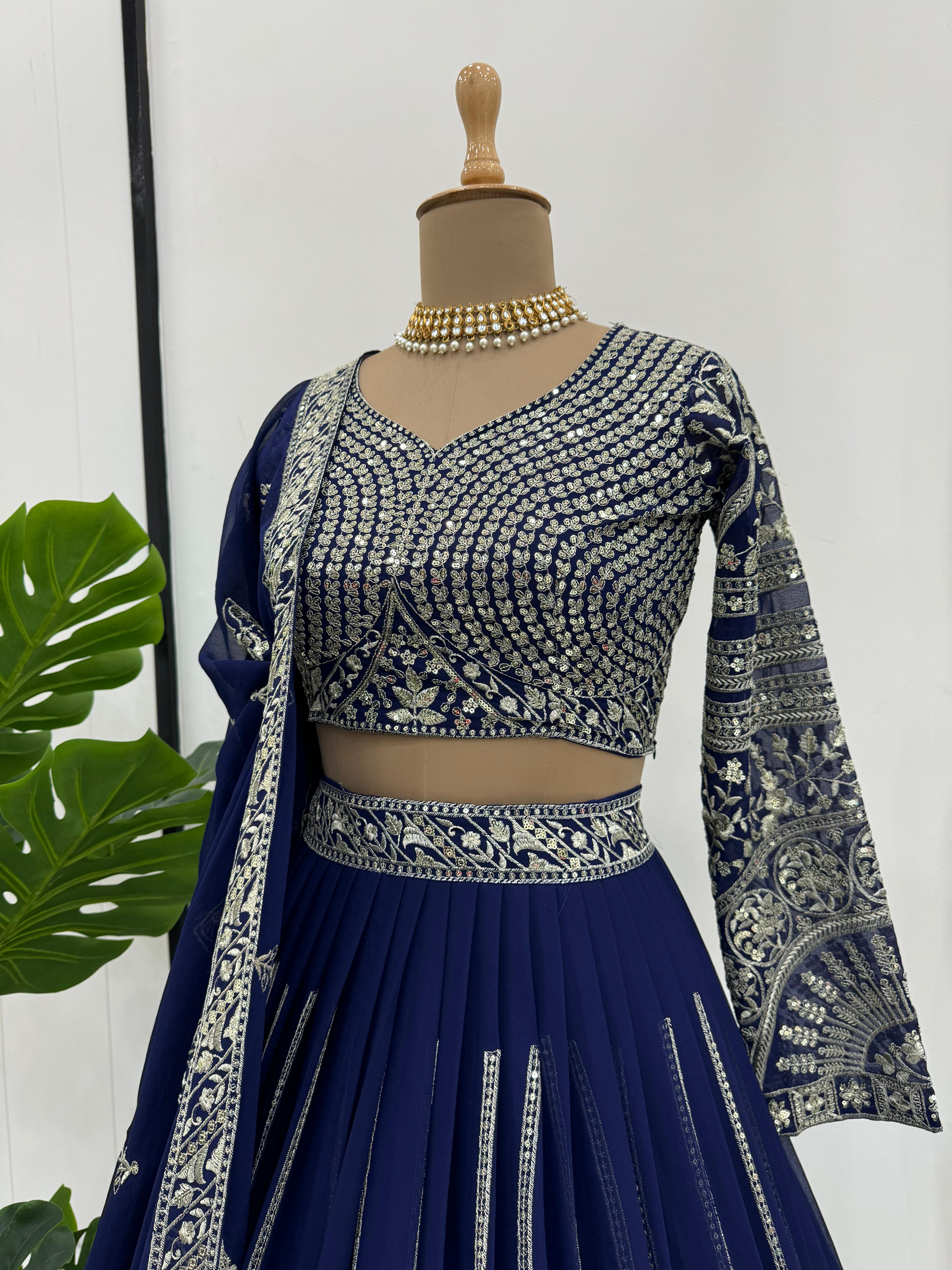 Bridal Wear Navy Blue Faux Georgette And Thread with Sequence Work Designer Lehenga Choli