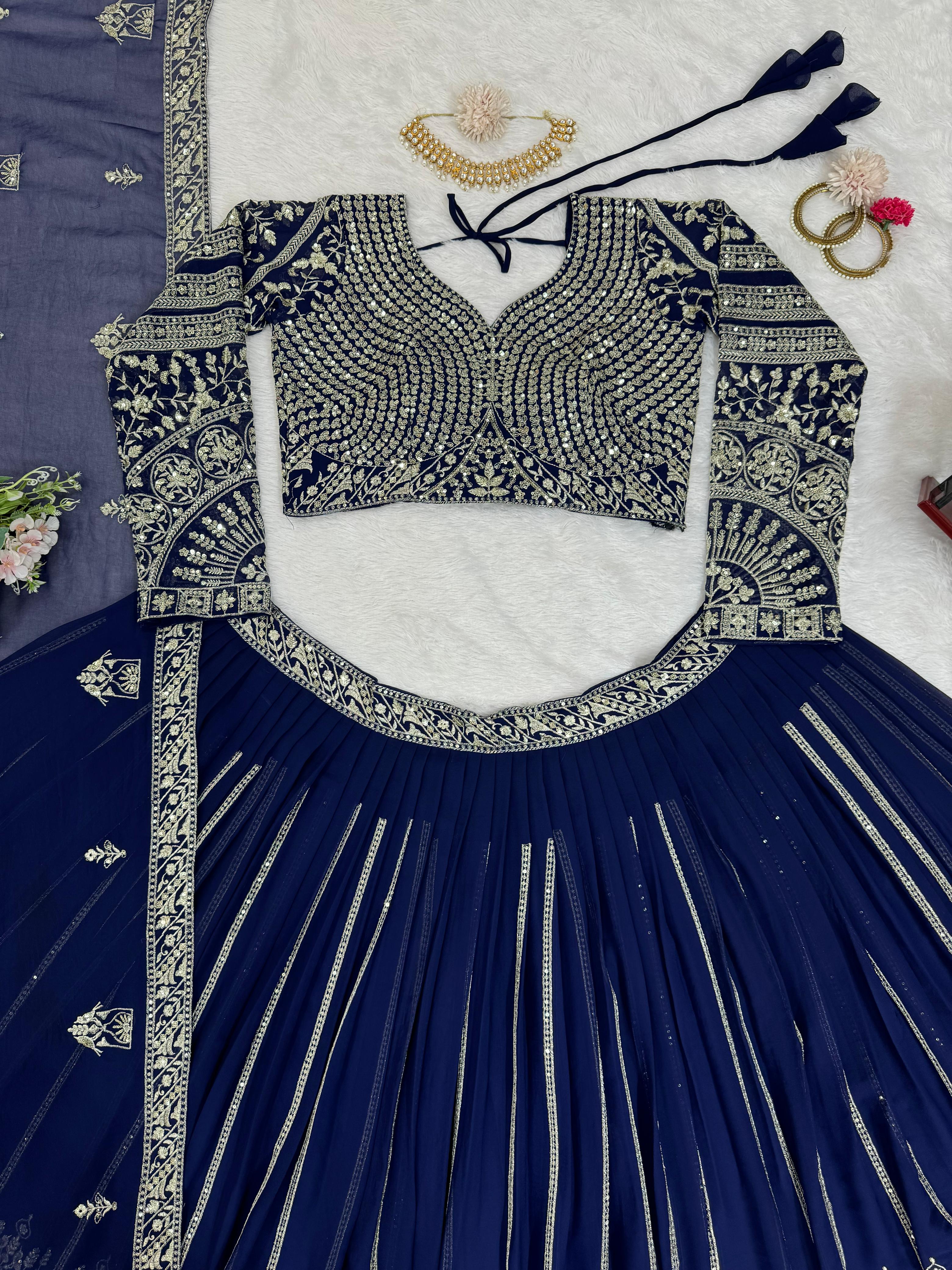 Bridal Wear Navy Blue Faux Georgette And Thread with Sequence Work Designer Lehenga Choli