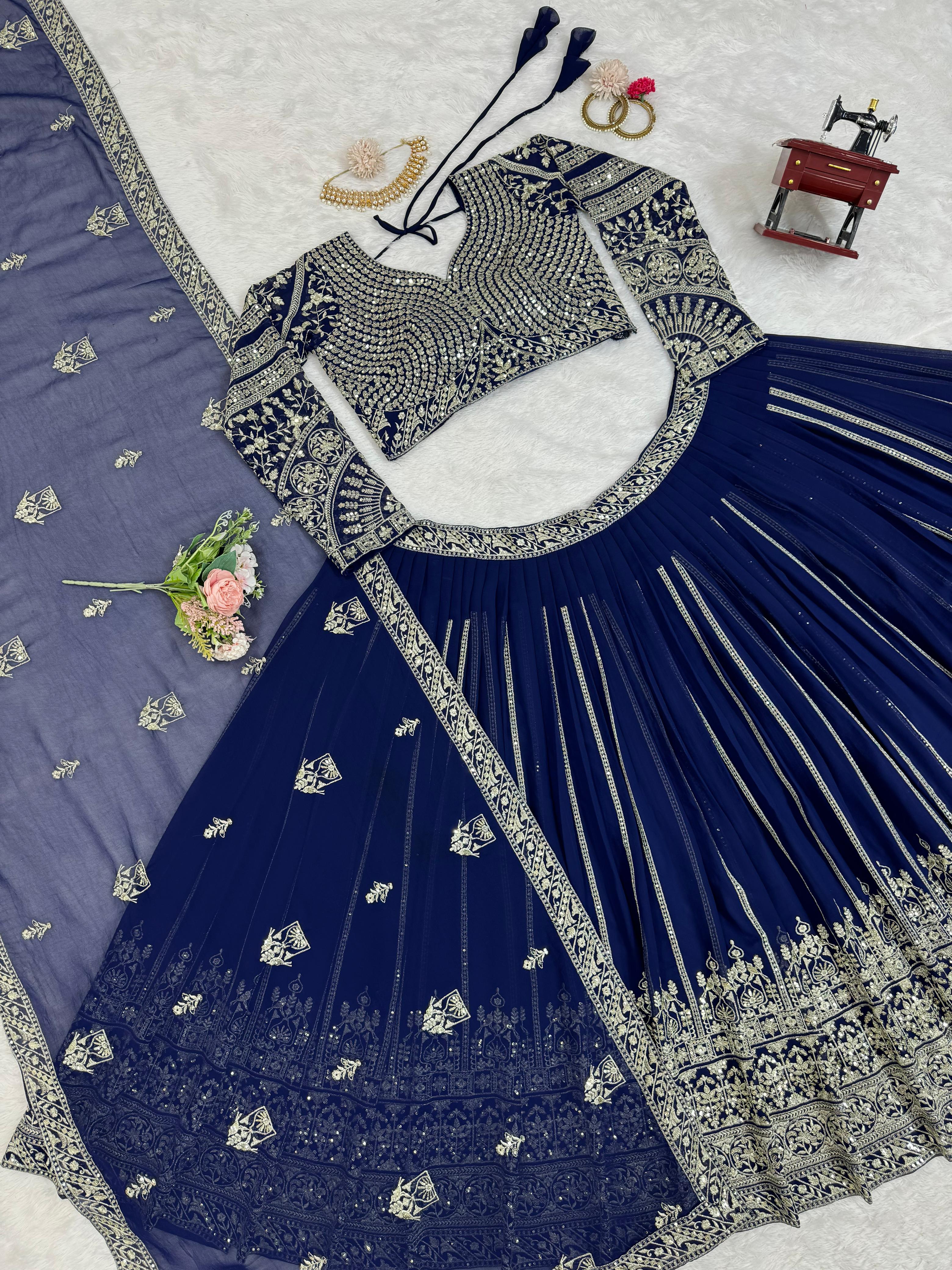 Bridal Wear Navy Blue Faux Georgette And Thread with Sequence Work Designer Lehenga Choli