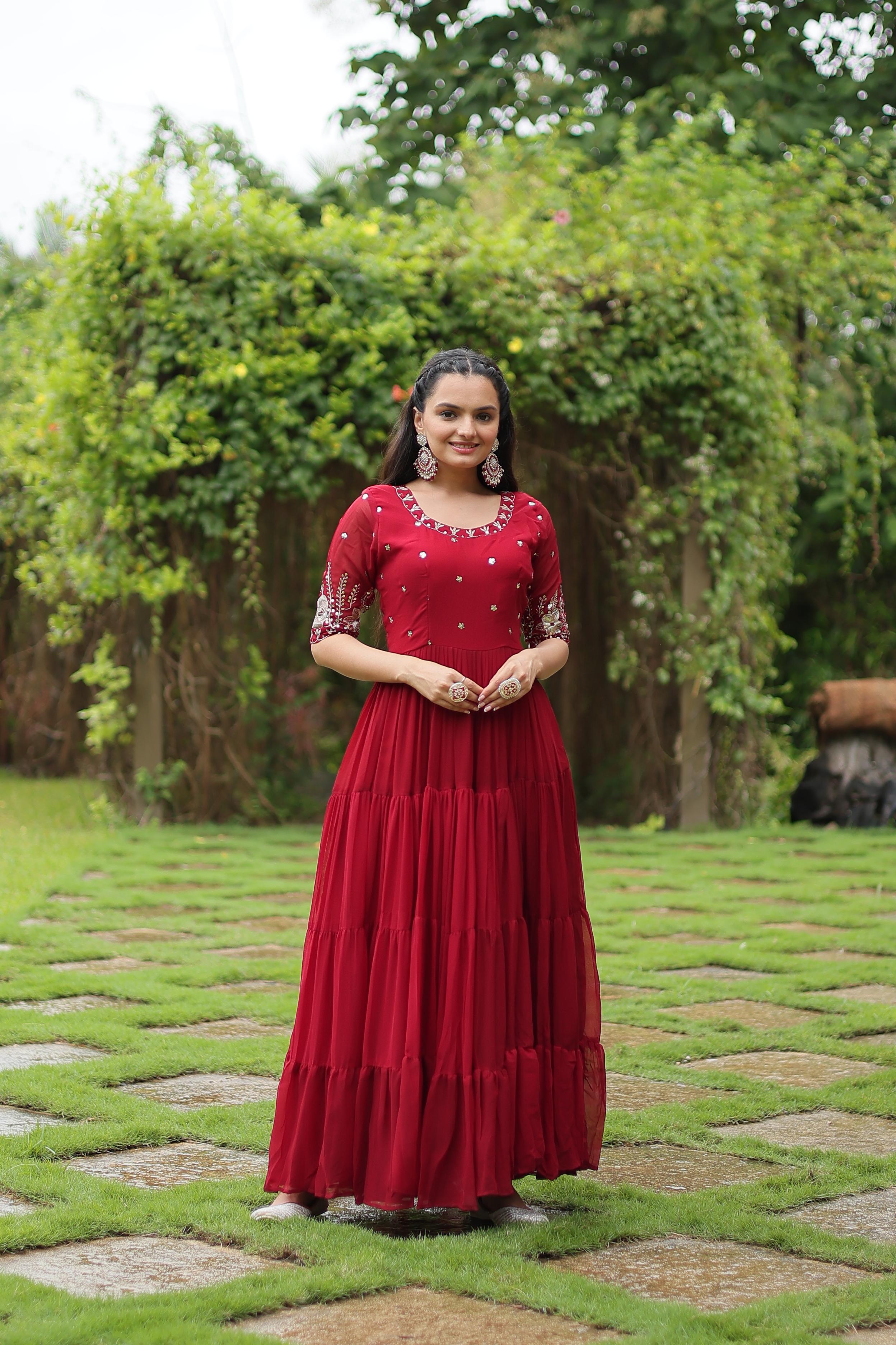 Ceremony Wear Maroon Faux Blooming With Embroidery Zari Sequence Work Designer Gown