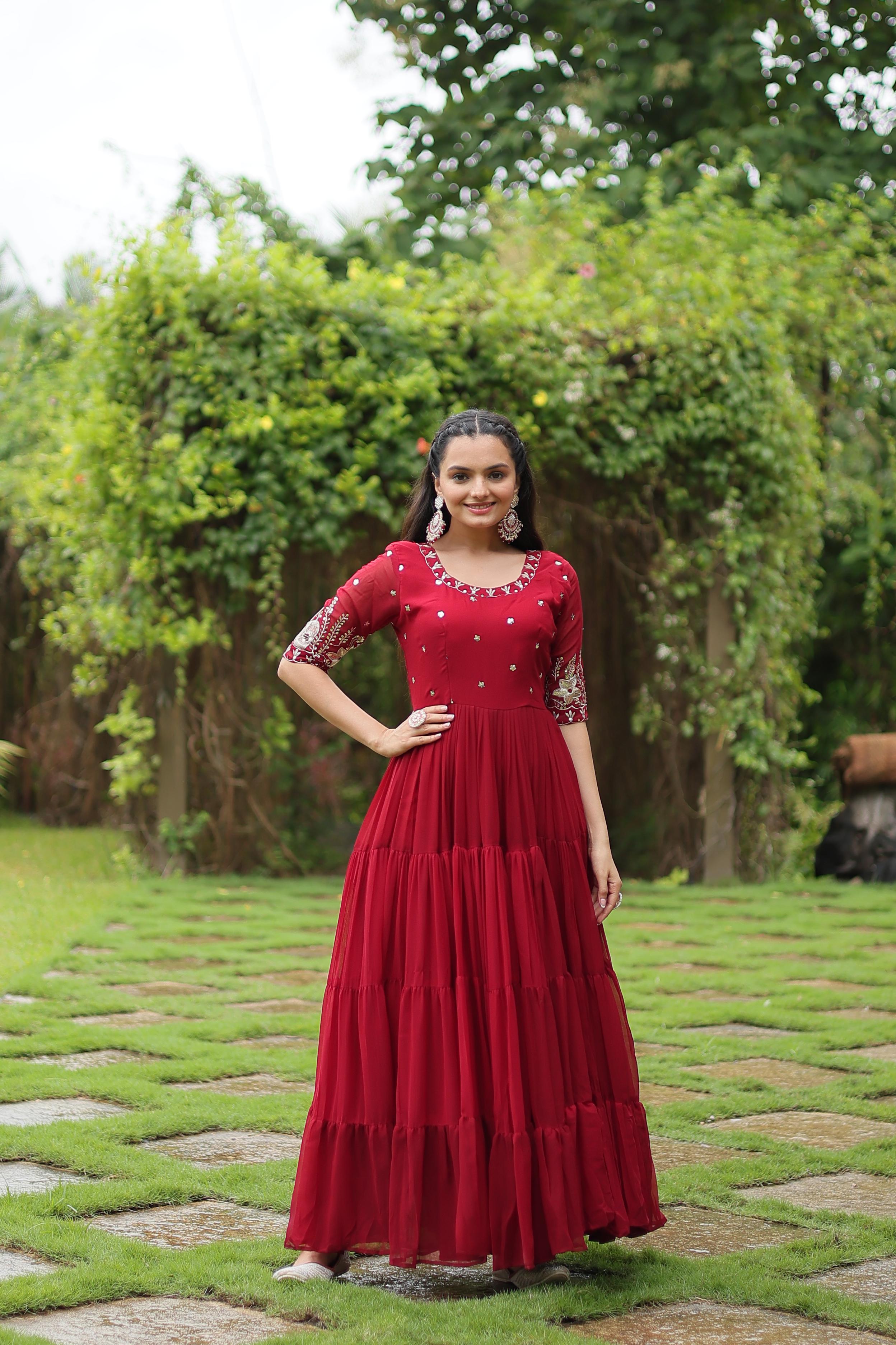 Ceremony Wear Maroon Faux Blooming With Embroidery Zari Sequence Work Designer Gown