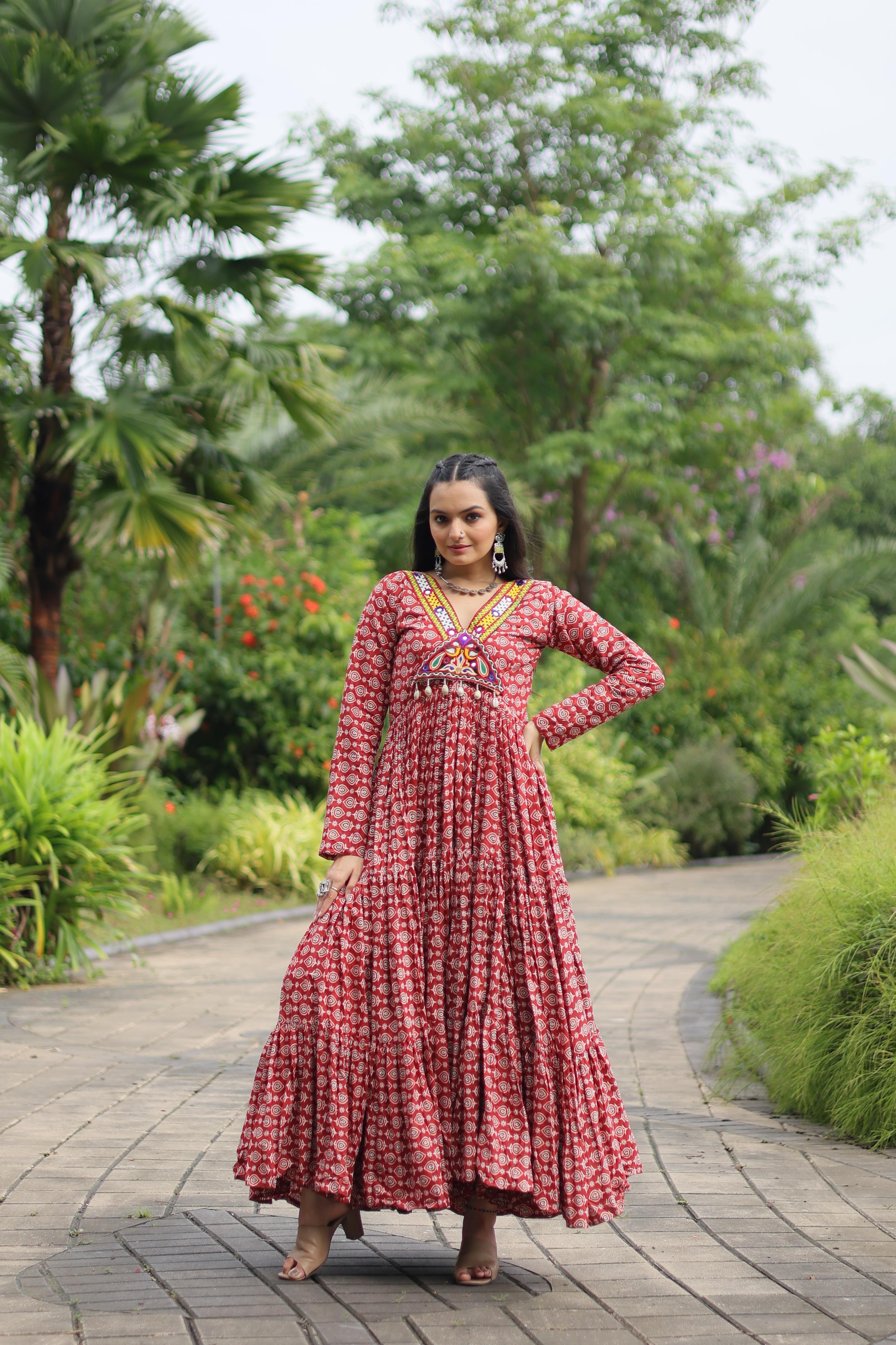 Traditional Wear Printed Cotton With Kutchi Gamthi Work Maroon Color Navratri Gown