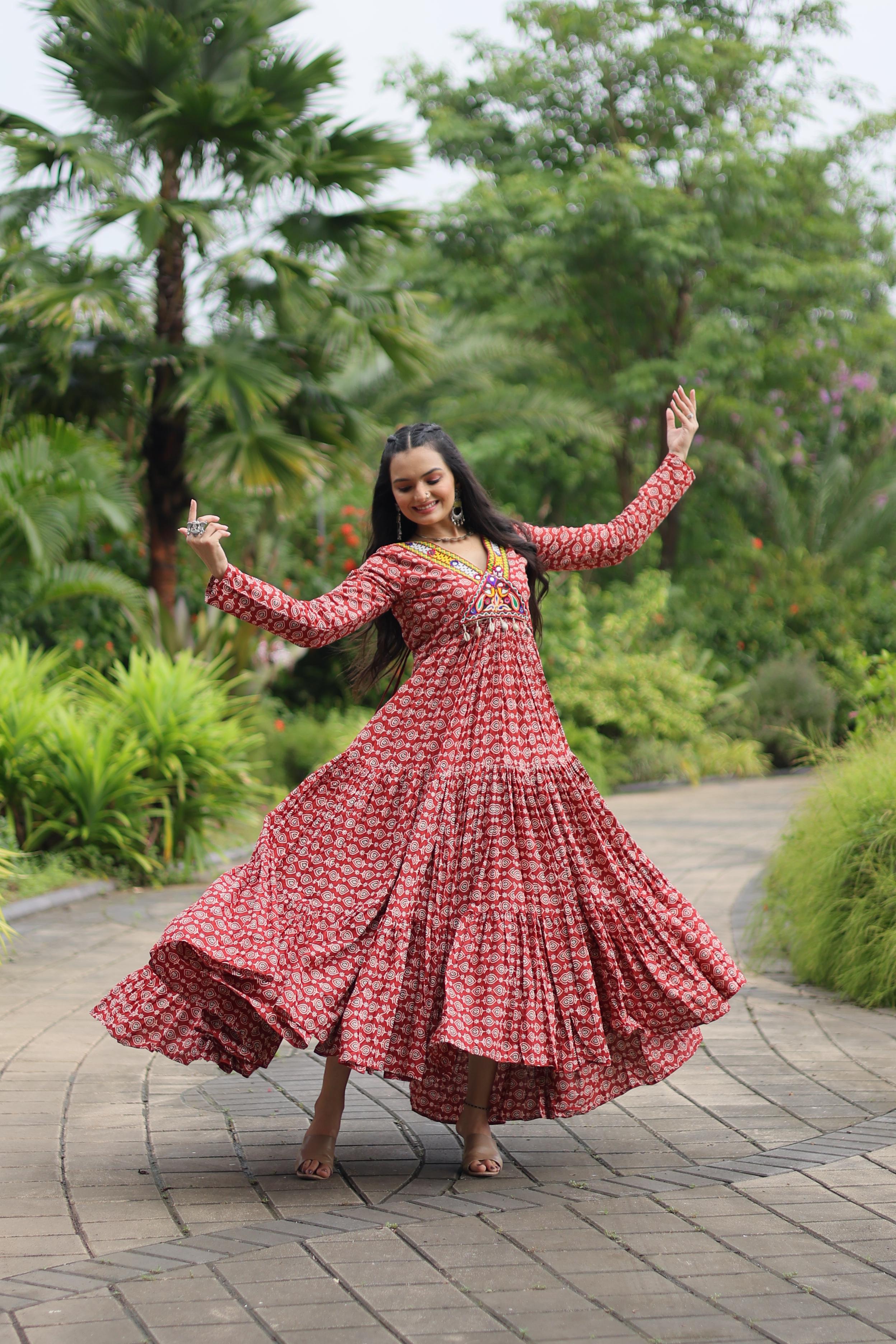 Traditional Wear Printed Cotton With Kutchi Gamthi Work Maroon Color Navratri Gown