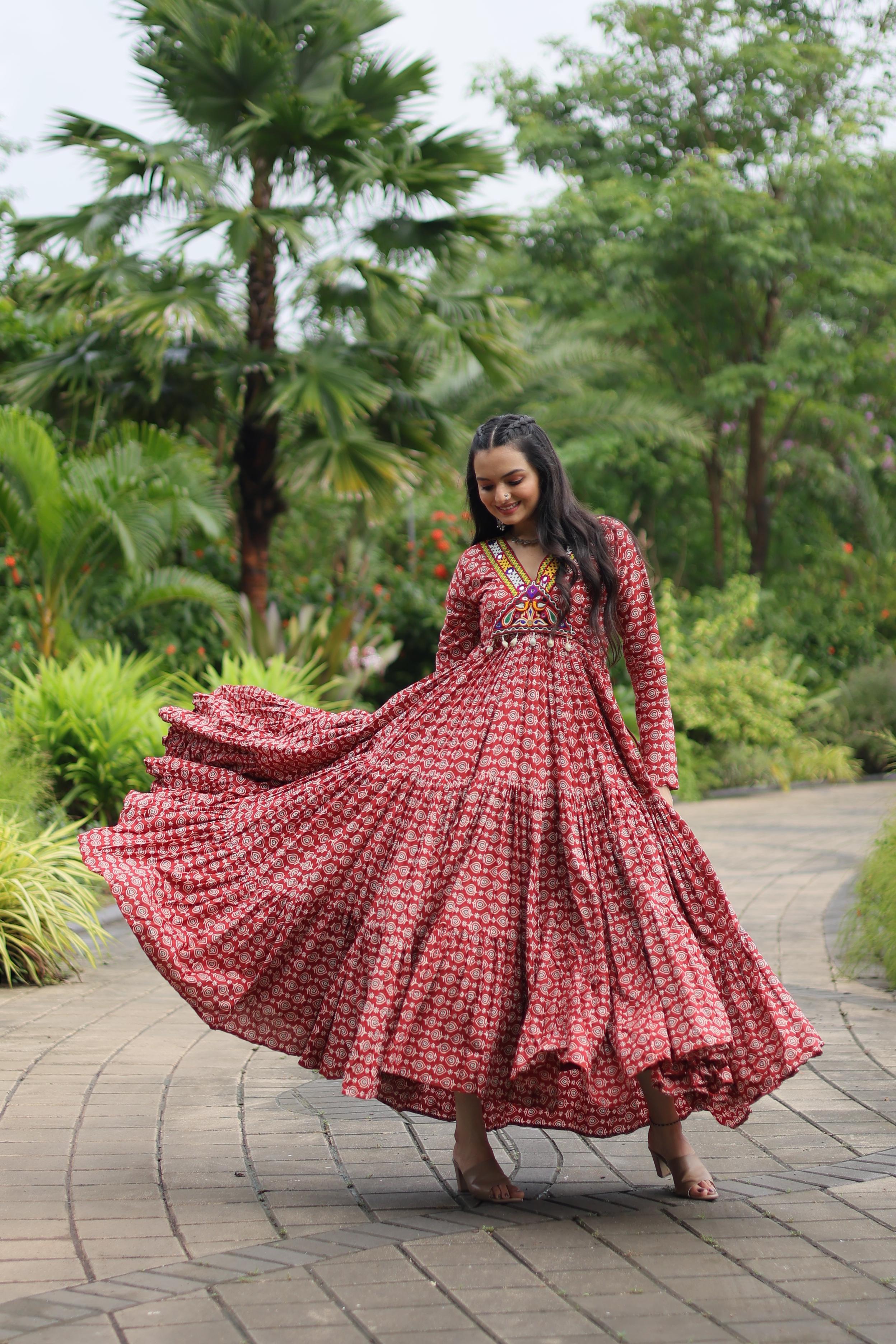 Traditional Wear Printed Cotton With Kutchi Gamthi Work Maroon Color Navratri Gown