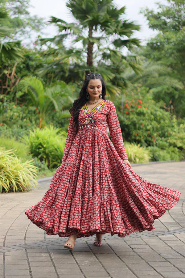 Traditional Wear Printed Cotton With Kutchi Gamthi Work Maroon Color Navratri Gown