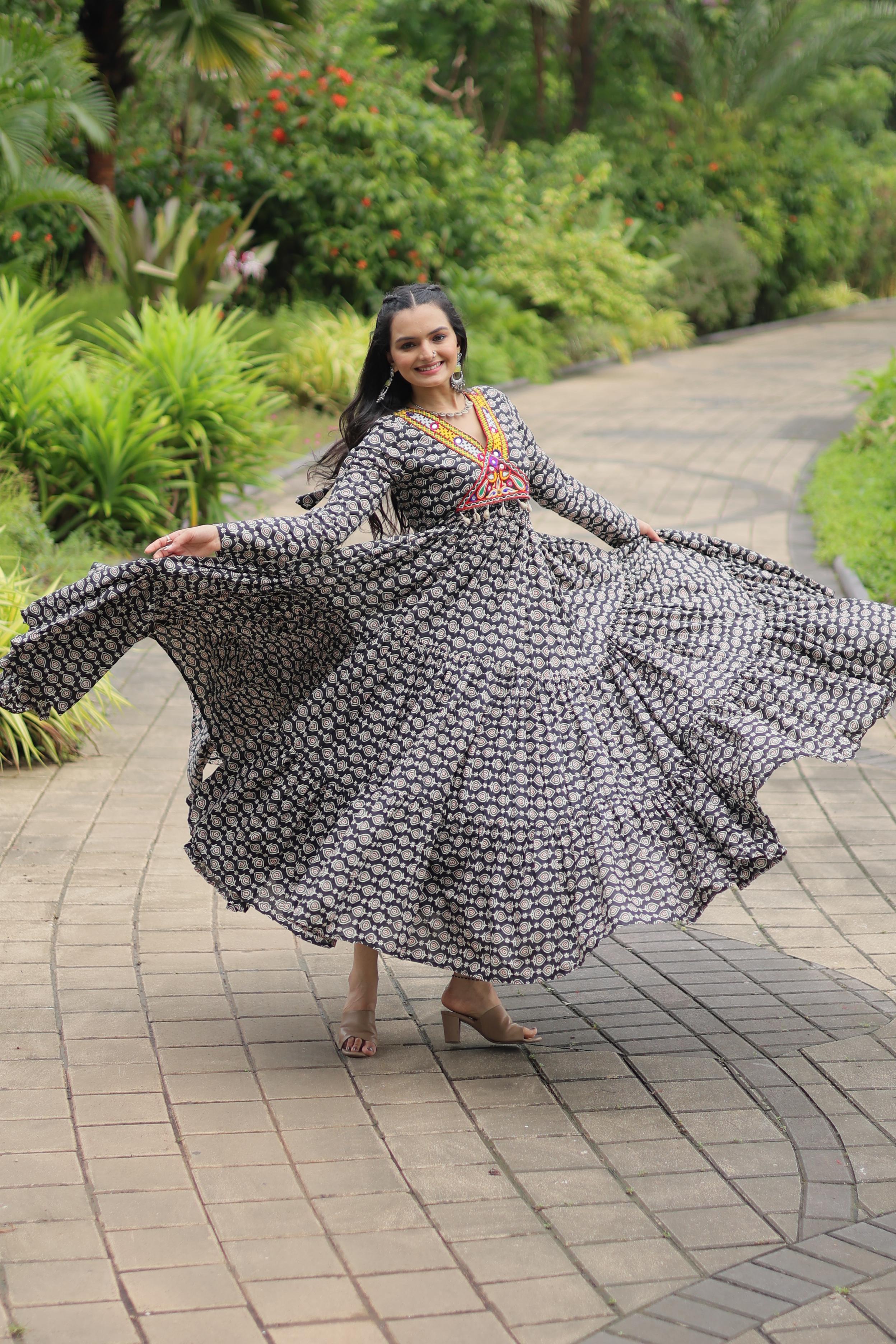 Traditional Wear Printed Cotton With Kutchi Gamthi Work Black Color Navratri Gown