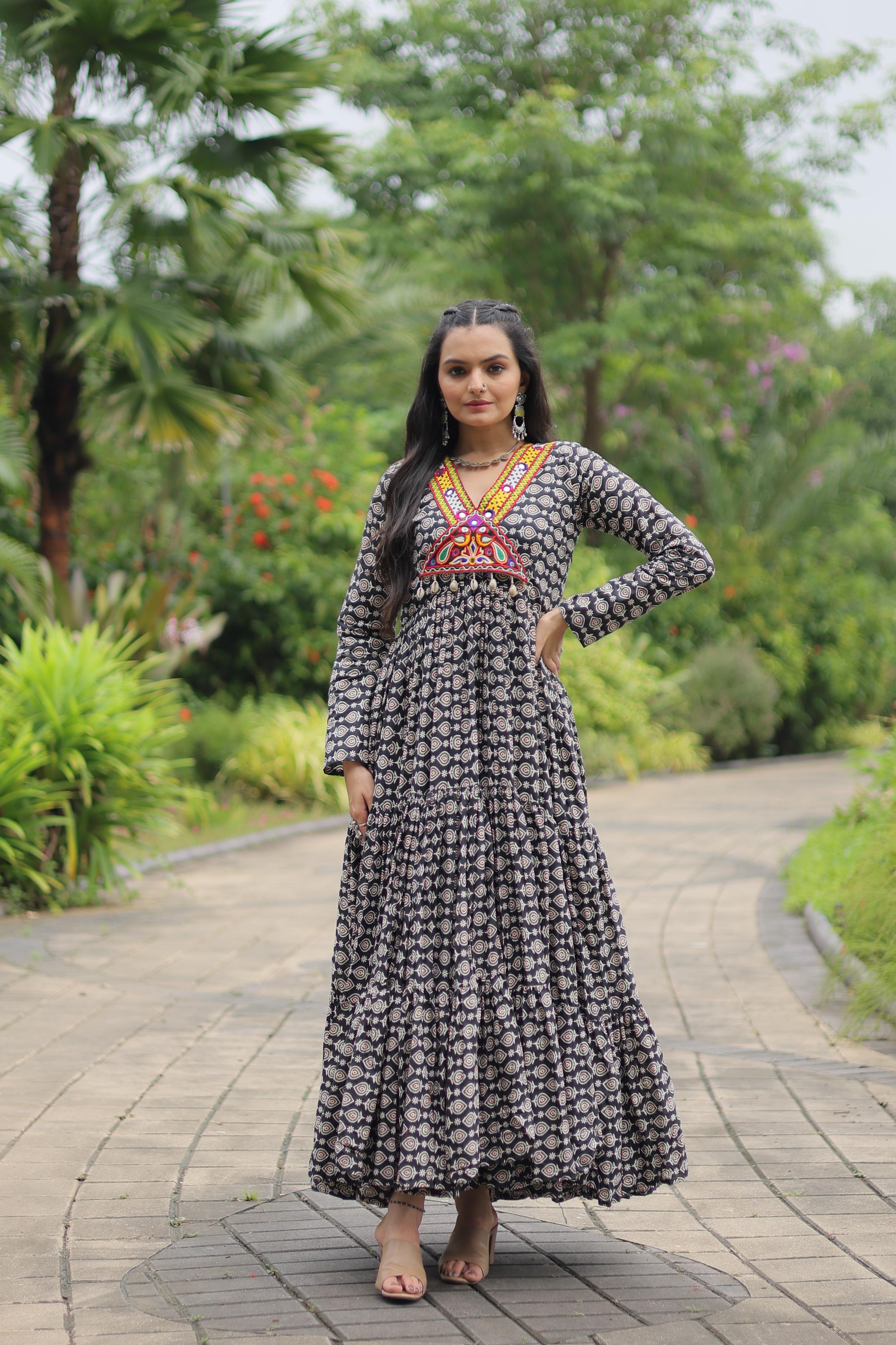 Traditional Wear Printed Cotton With Kutchi Gamthi Work Black Color Navratri Gown