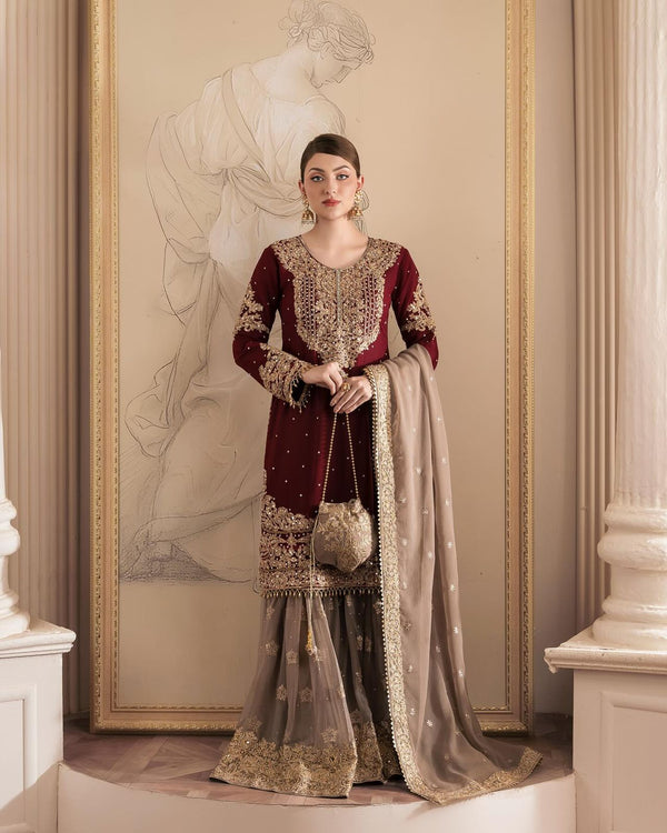 Wedding Wear Maroon Color Faux Georgette With Coding And Sequence With Pearl Work Beautiful Designer Sharara Suit