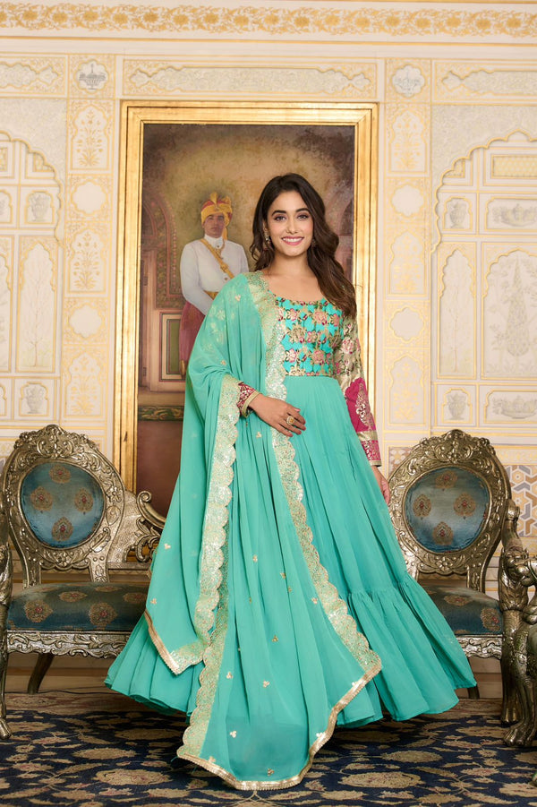 Party Wear Light Green Color Faux Georgette With Pure Jacquard Work Designer Gown