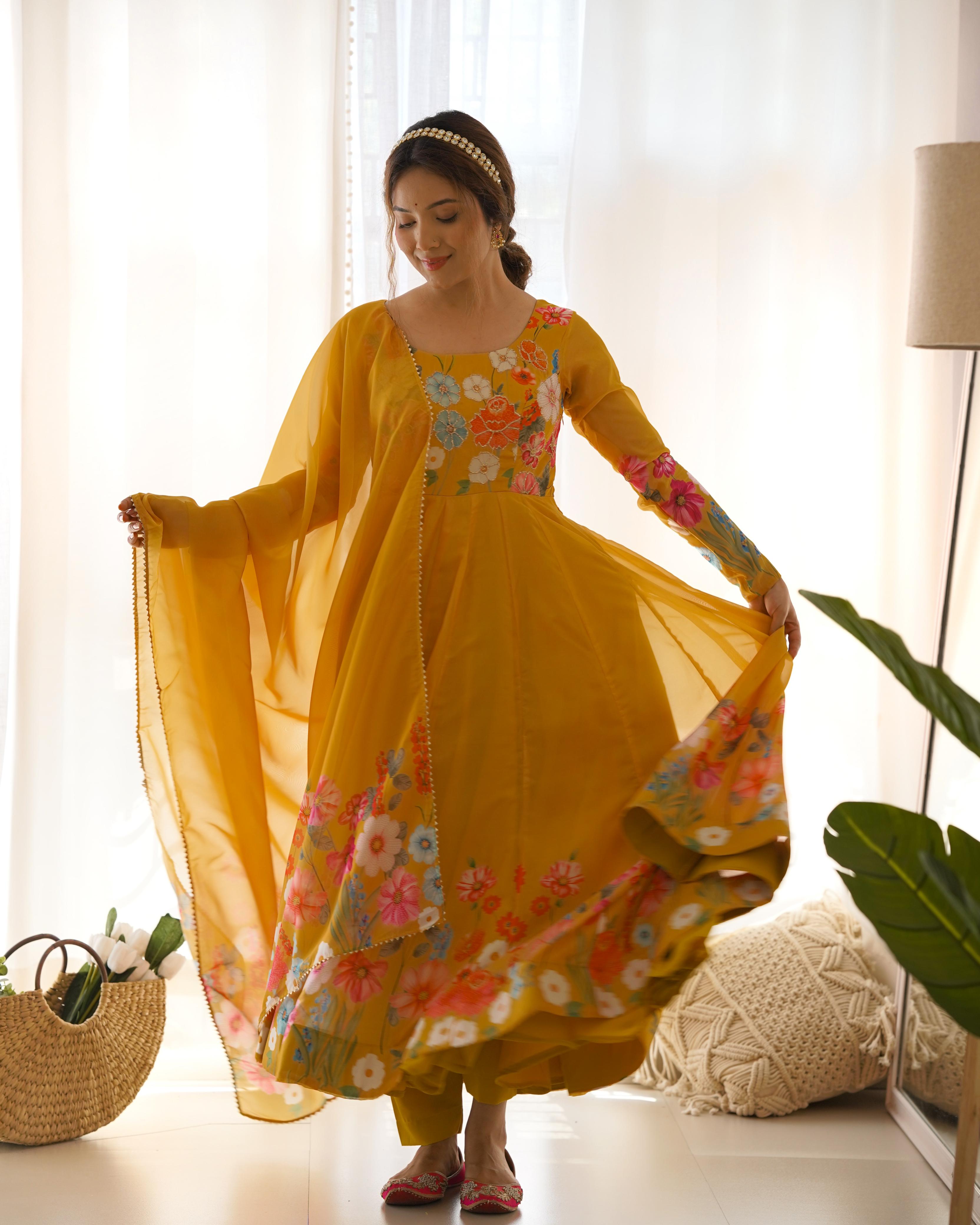 Party Wear Heavy Pure Soft Organza Silk Print Multi Flower Print Mustard Color Anarkali Suit