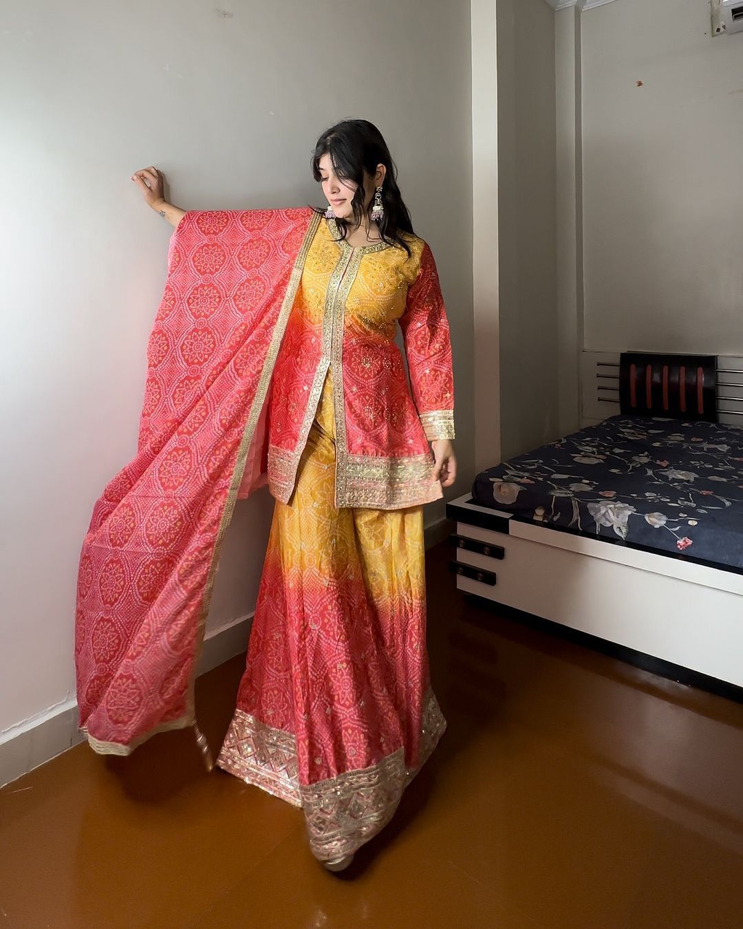 Luxuriant Yellow And Red Color Heavy Chinon Silk With Heavy Embroidery Sequence Work Sharara Suit