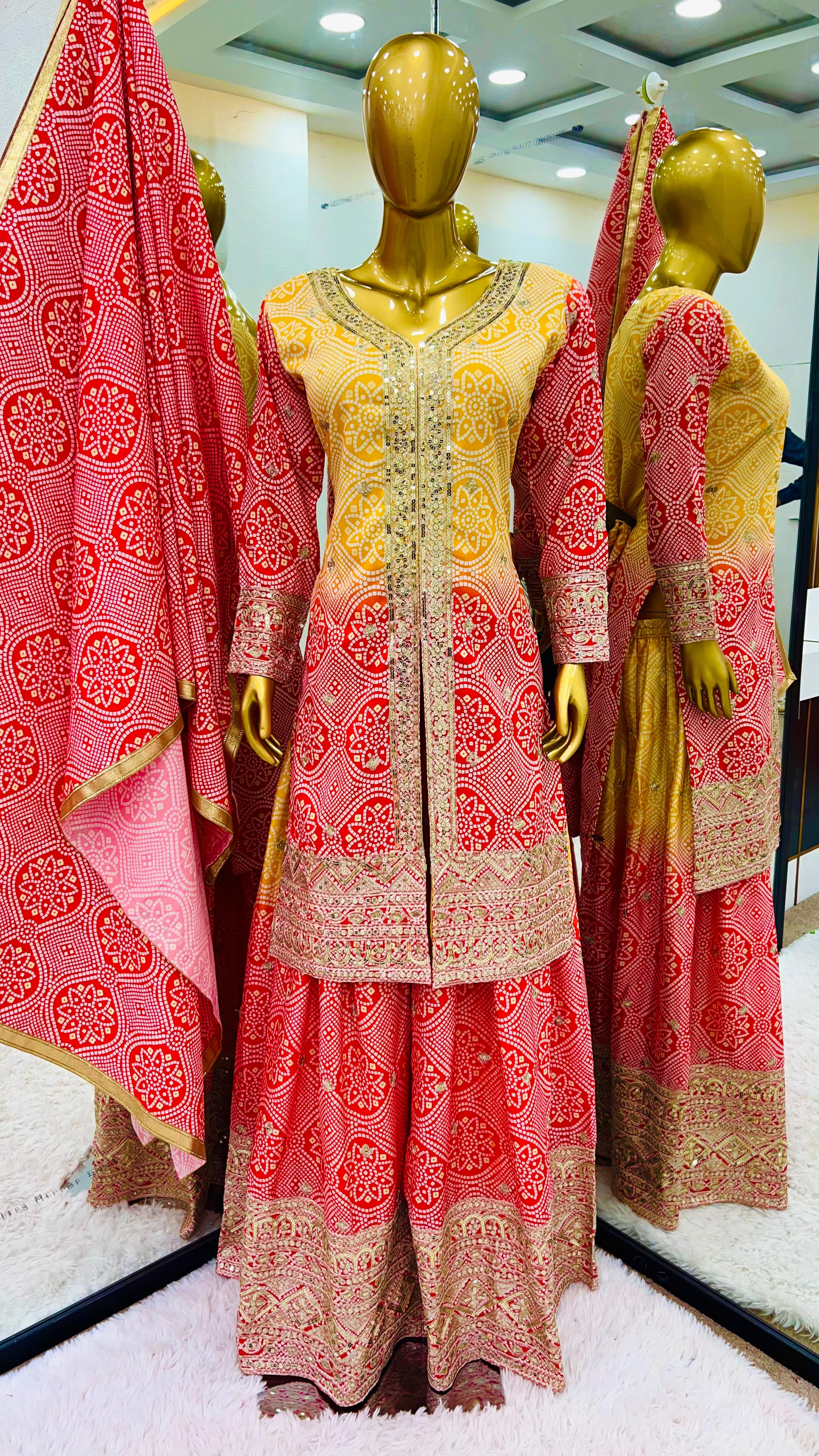 Luxuriant Yellow And Red Color Heavy Chinon Silk With Heavy Embroidery Sequence Work Sharara Suit