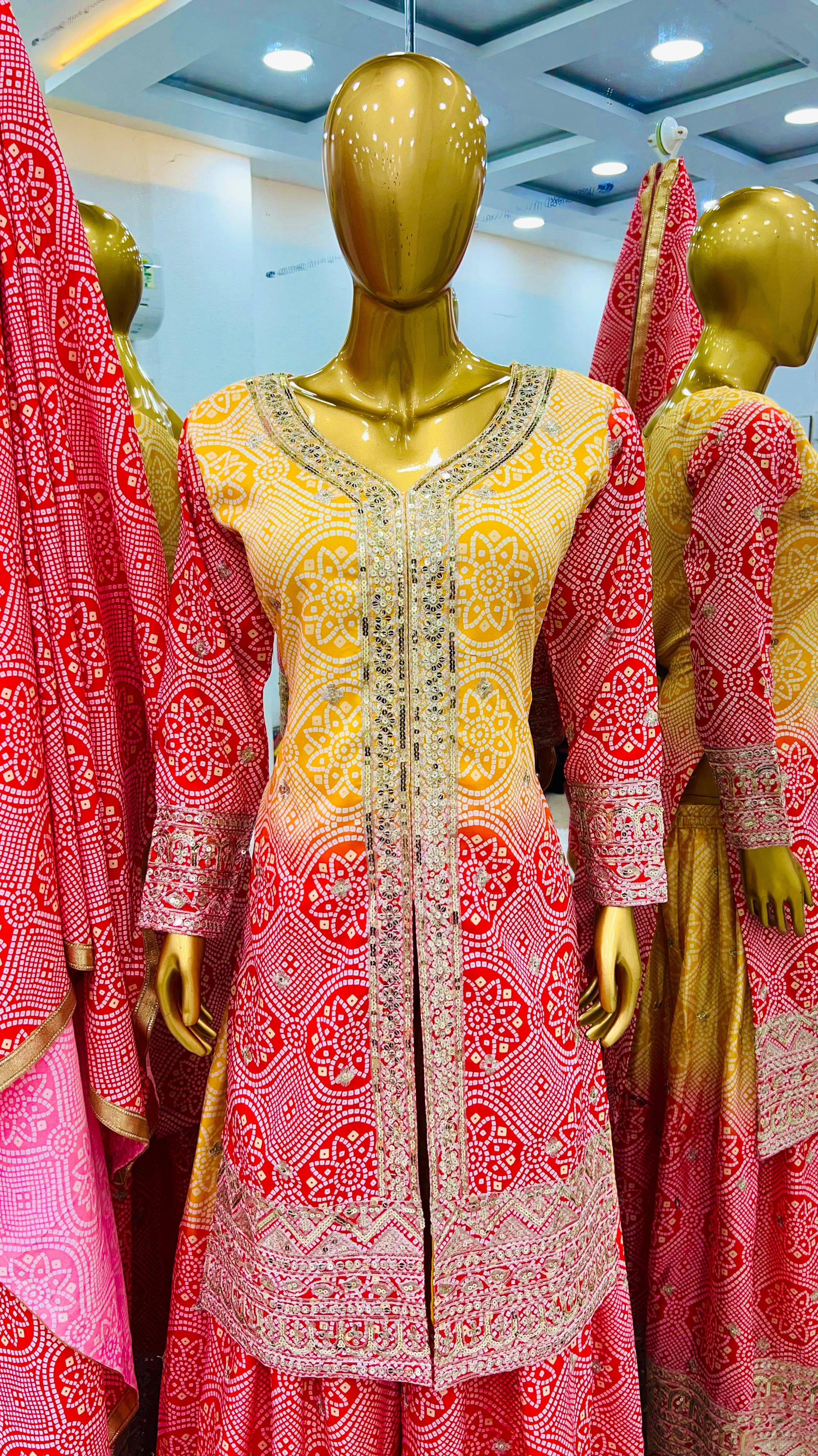 Luxuriant Yellow And Red Color Heavy Chinon Silk With Heavy Embroidery Sequence Work Sharara Suit