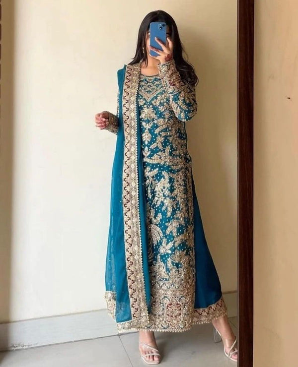 Outstanding Teal Blue Color Heavy Faux Georgette With Heavy Embroidery Work With Diamond Handwork Palazzo Suit