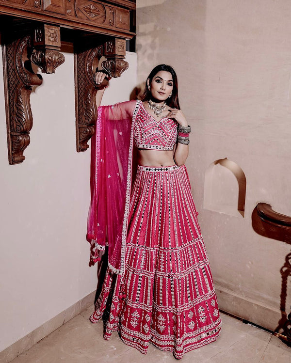 Luxuriant Pink Color Heavy Slub Silk With Thread And Paper Mirror Work Designer Lehenga Choli