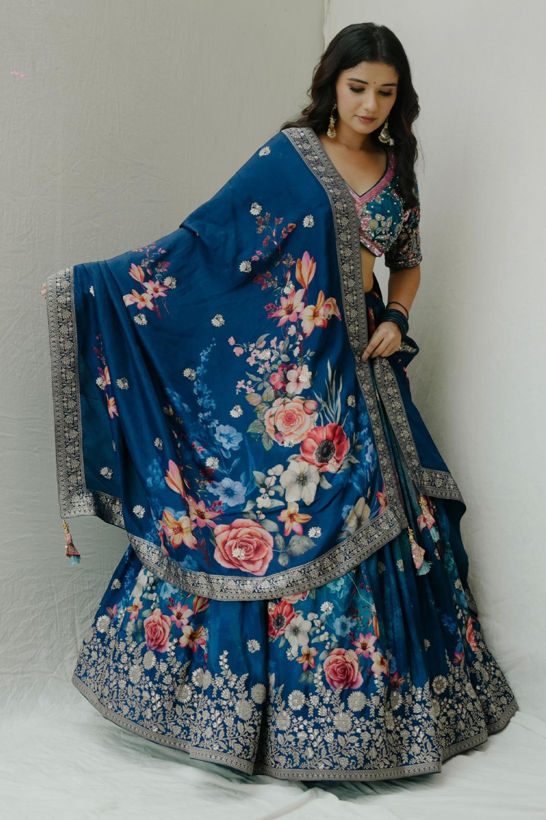 Bridal Wear Teal Blue Color Faux Georgette With Digital Print Thread And Sequence Designer Lehenga Choli