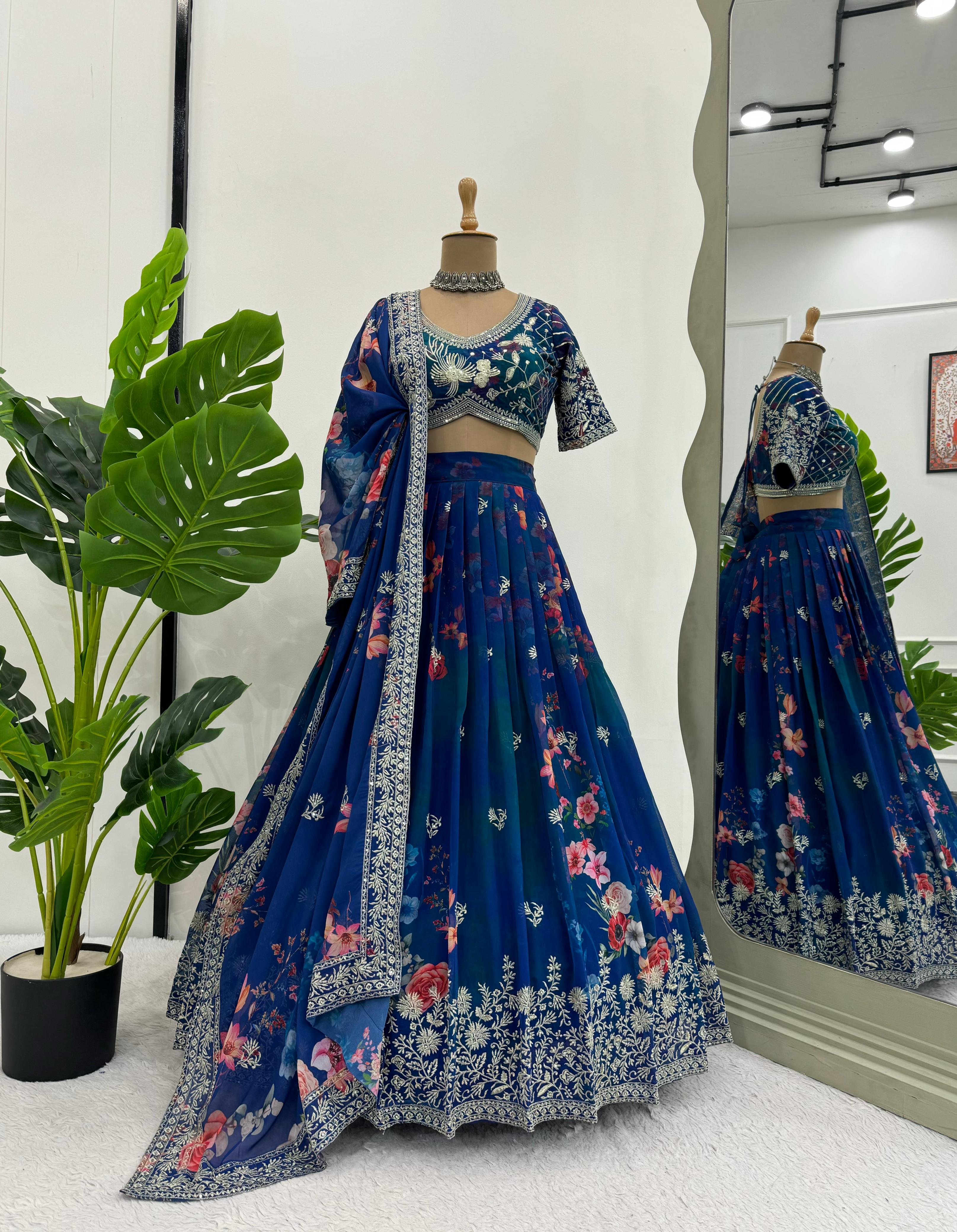 Bridal Wear Teal Blue Color Faux Georgette With Digital Print Thread And Sequence Designer Lehenga Choli