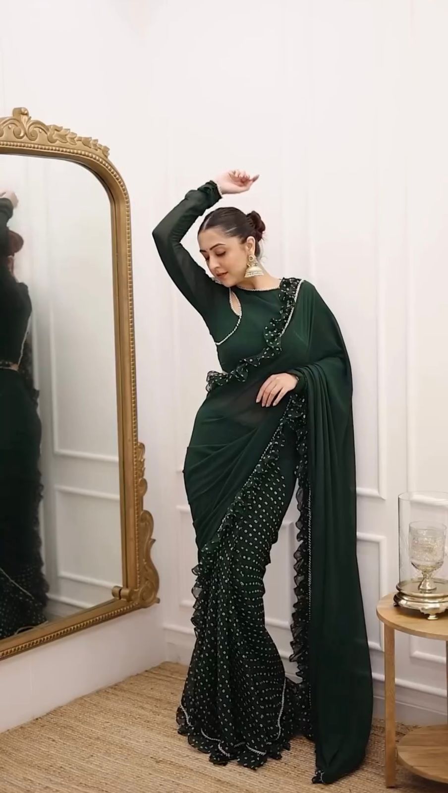 Beautiful Dark Green Color Faux Georgette Digital Print With Ruffle Ready To Wear Saree