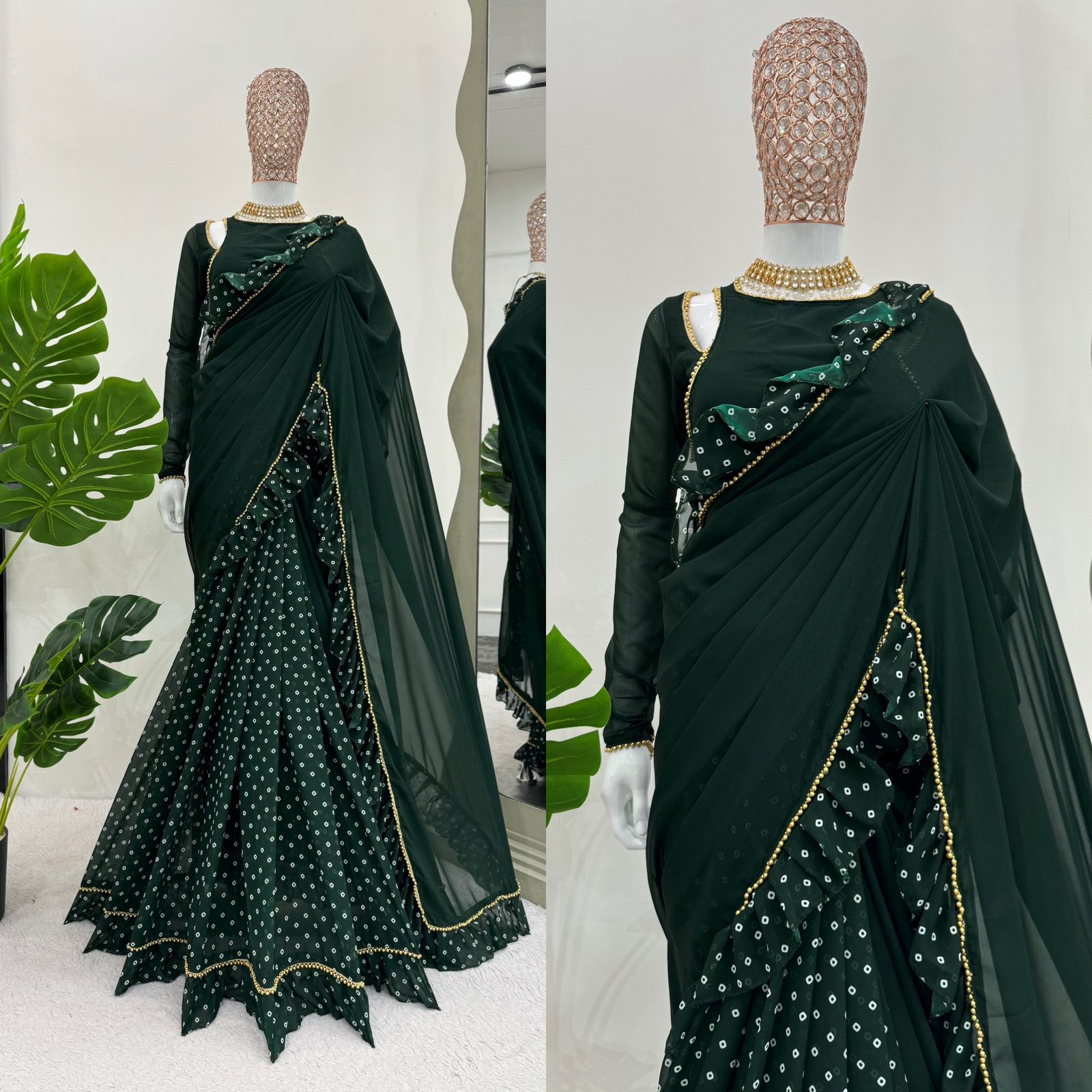 Beautiful Dark Green Color Faux Georgette Digital Print With Ruffle Ready To Wear Saree