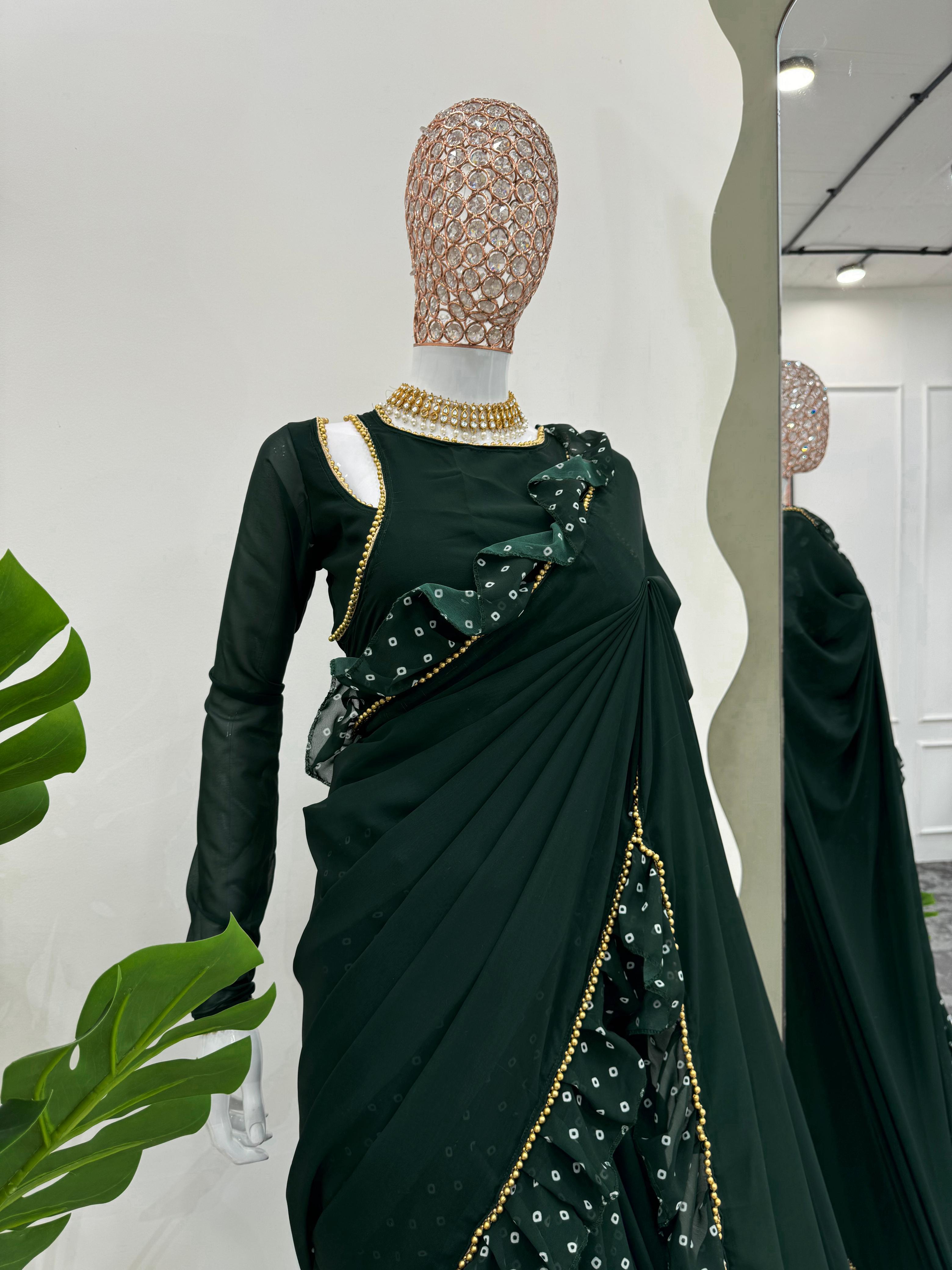 Beautiful Dark Green Color Faux Georgette Digital Print With Ruffle Ready To Wear Saree