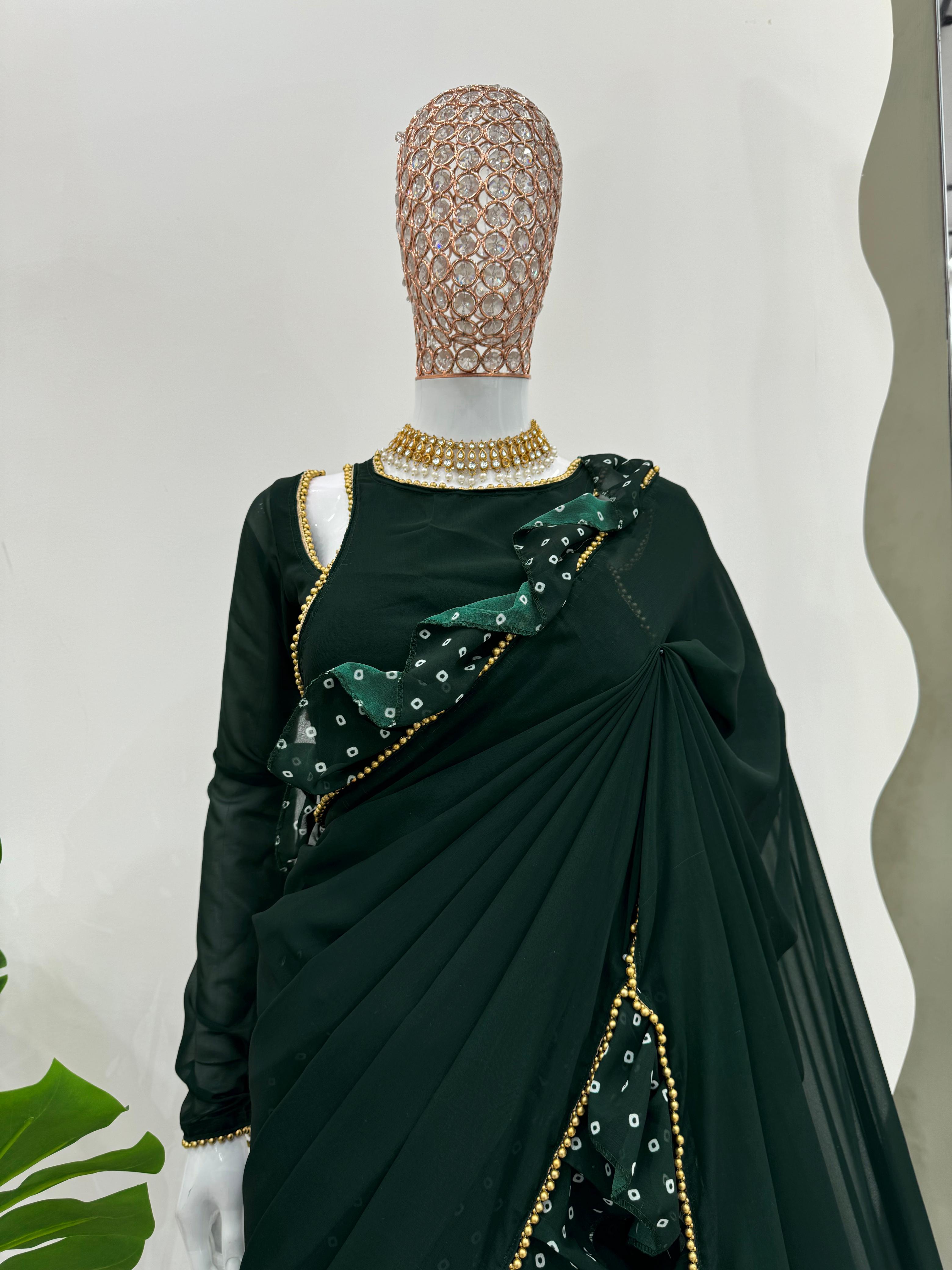 Beautiful Dark Green Color Faux Georgette Digital Print With Ruffle Ready To Wear Saree