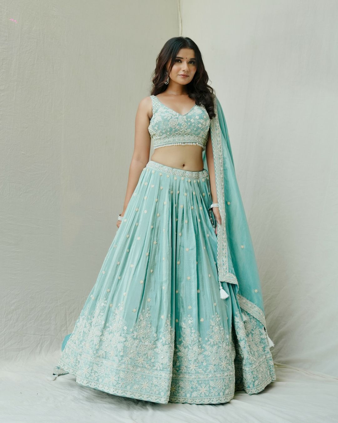 Reception Wear Sky Blue Color Roman Silk Thread With Sequence Designer Lehenga Choli