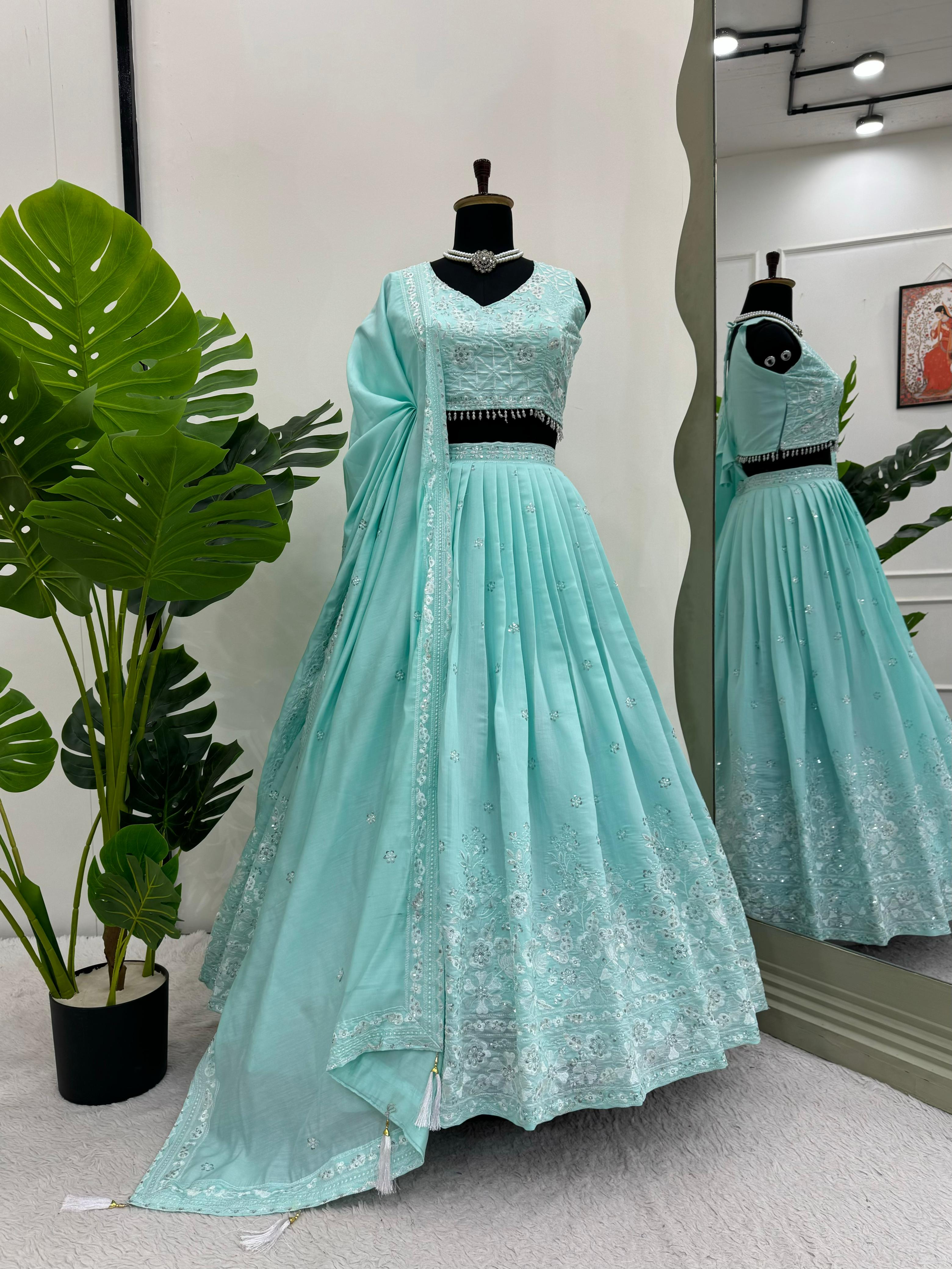 Reception Wear Sky Blue Color Roman Silk Thread With Sequence Designer Lehenga Choli