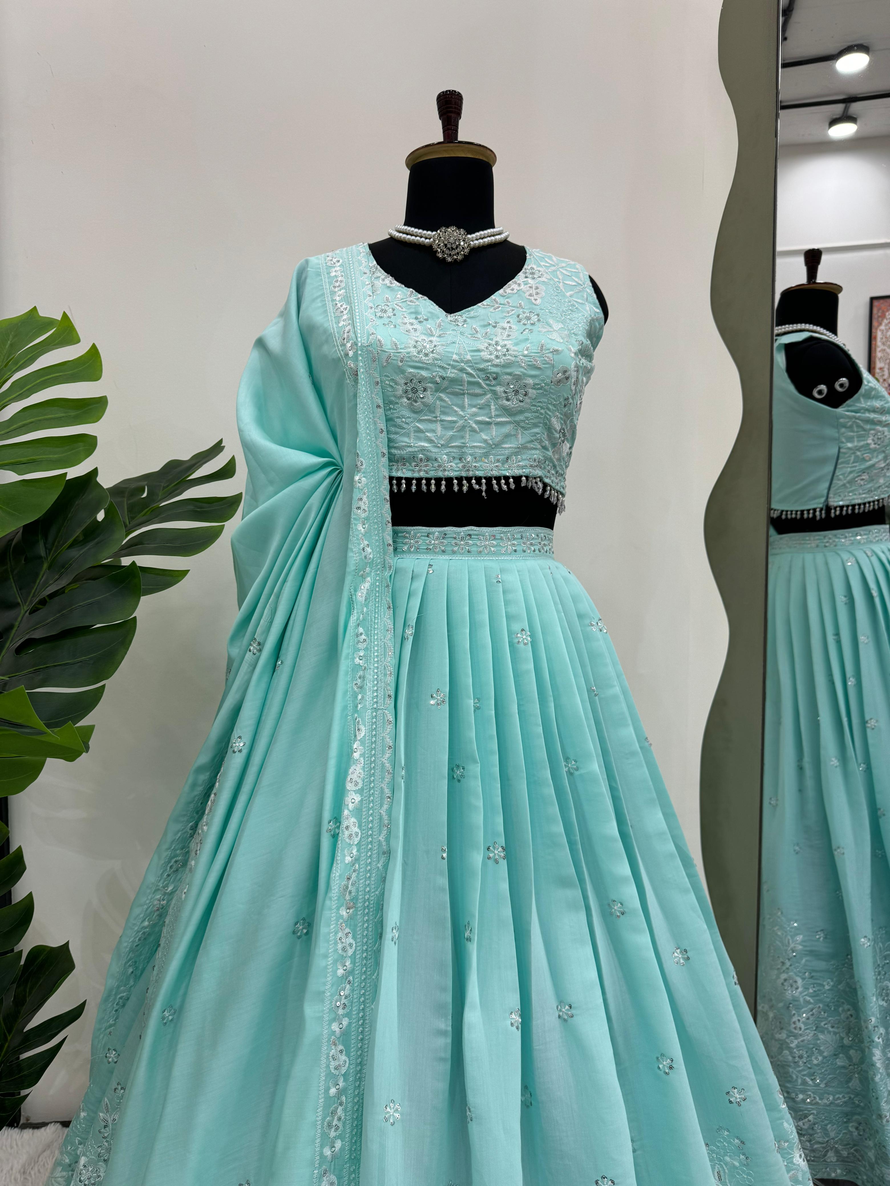 Reception Wear Sky Blue Color Roman Silk Thread With Sequence Designer Lehenga Choli