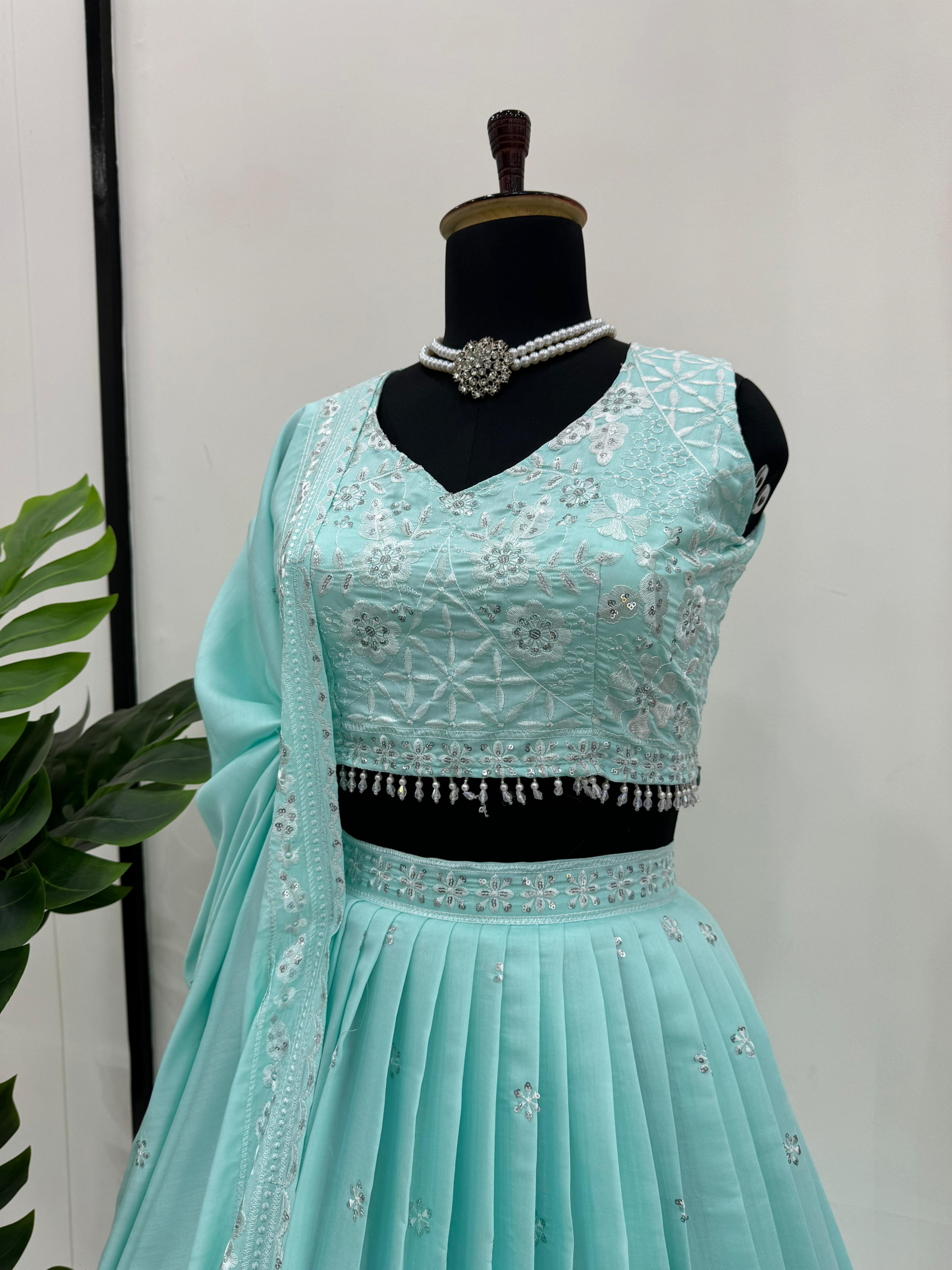 Reception Wear Sky Blue Color Roman Silk Thread With Sequence Designer Lehenga Choli