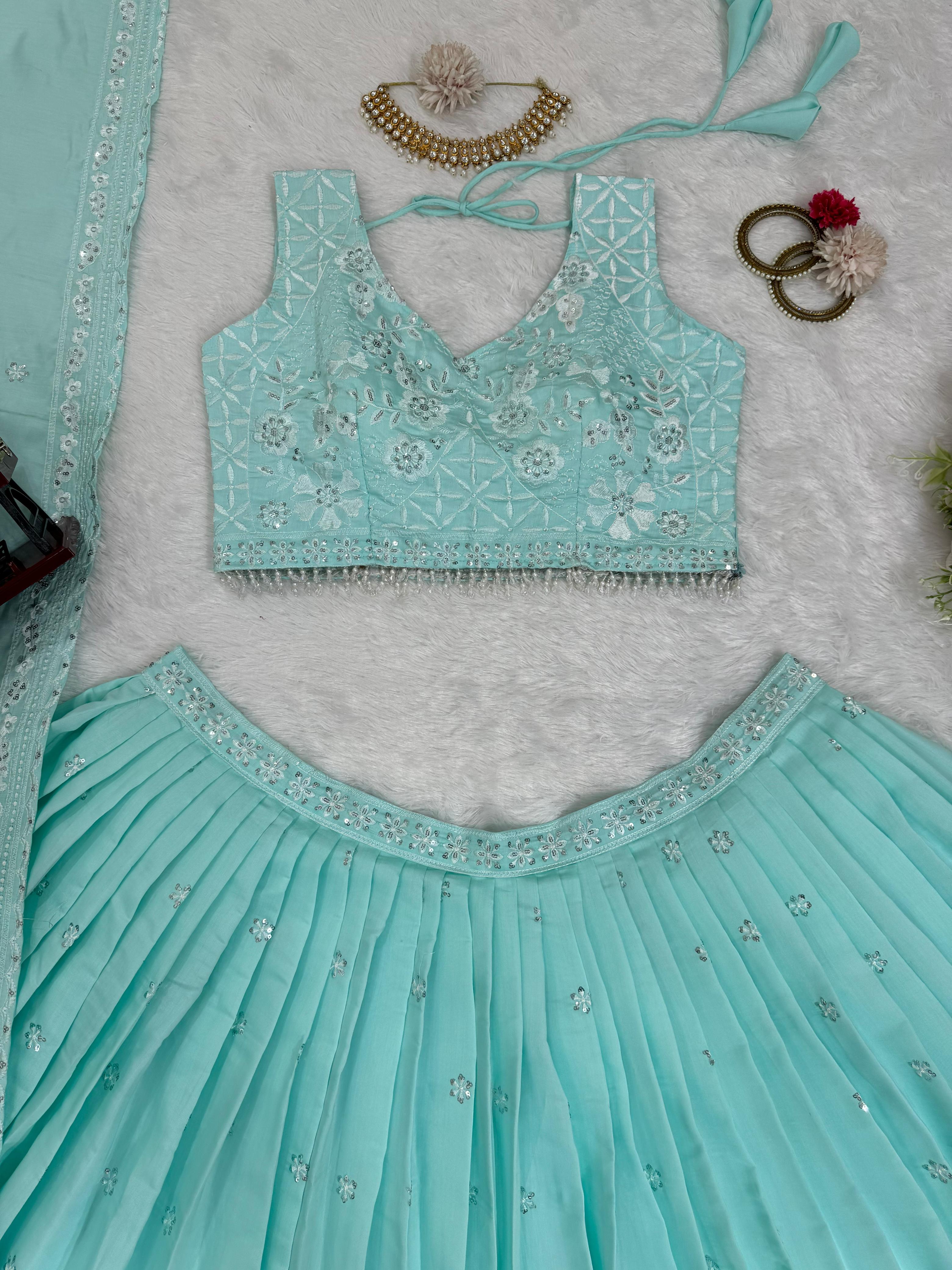 Reception Wear Sky Blue Color Roman Silk Thread With Sequence Designer Lehenga Choli